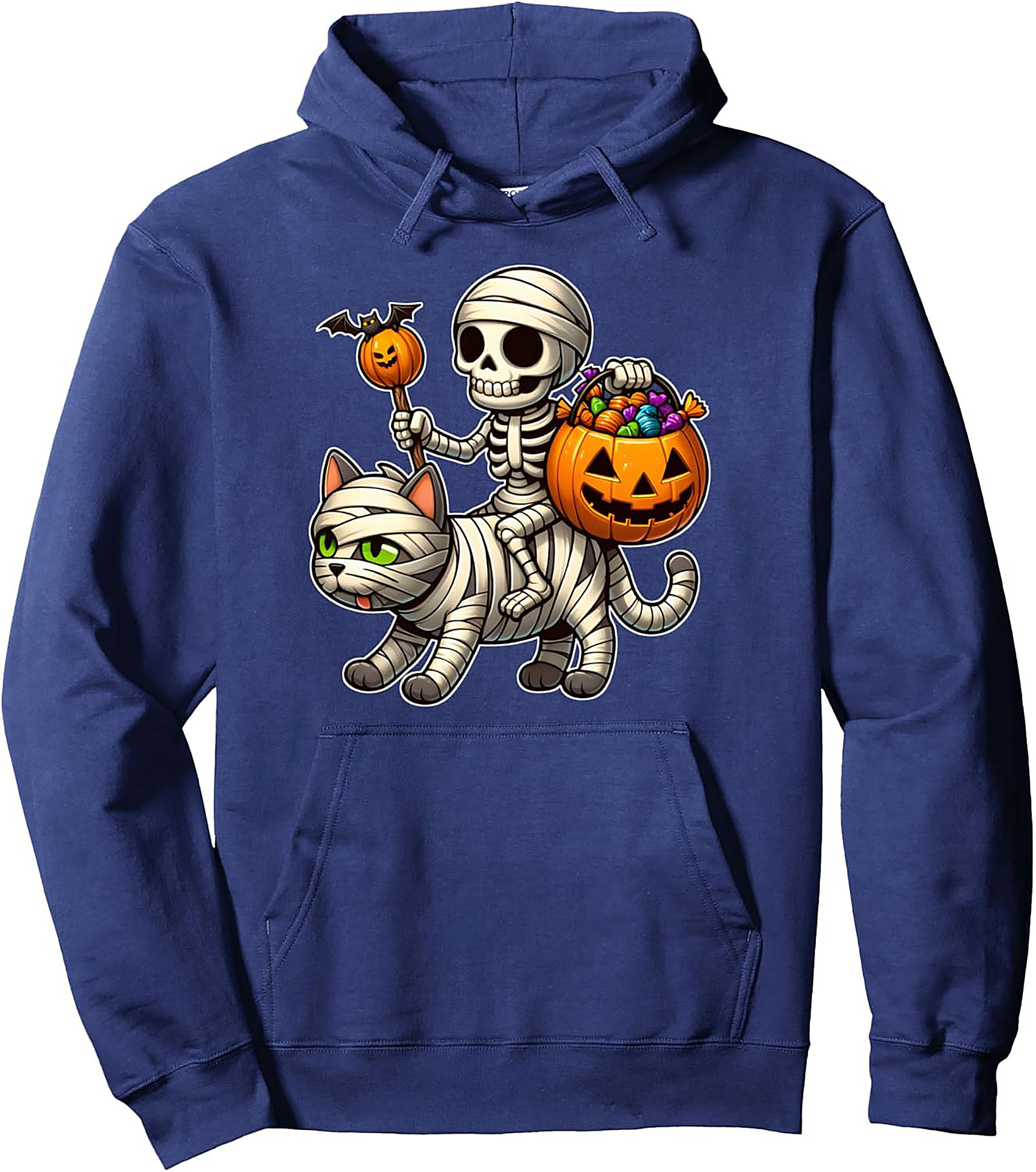 Skeleton Riding Mummy Cat Halloween Pullover Hoodie