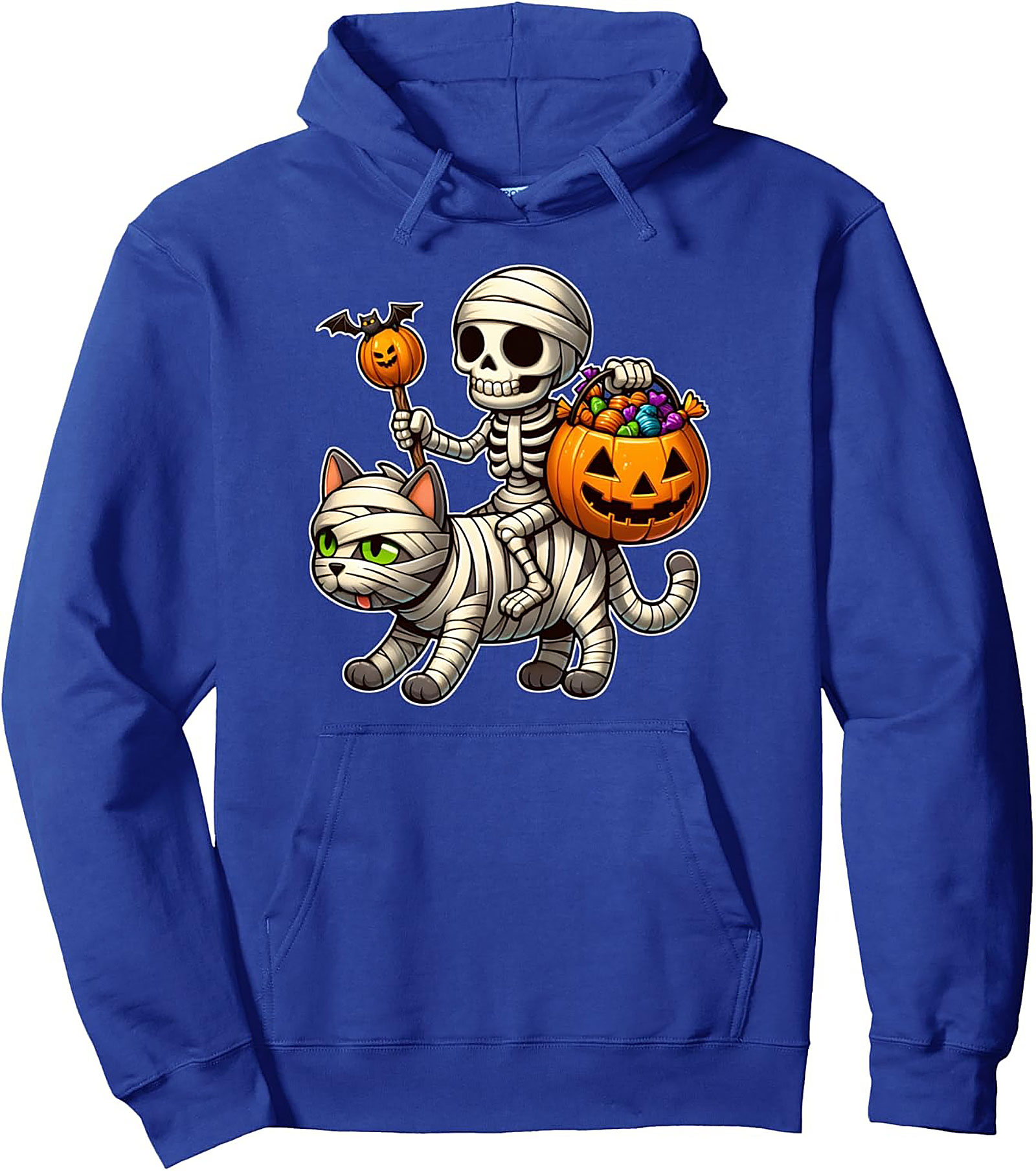 Skeleton Riding Mummy Cat Halloween Pullover Hoodie