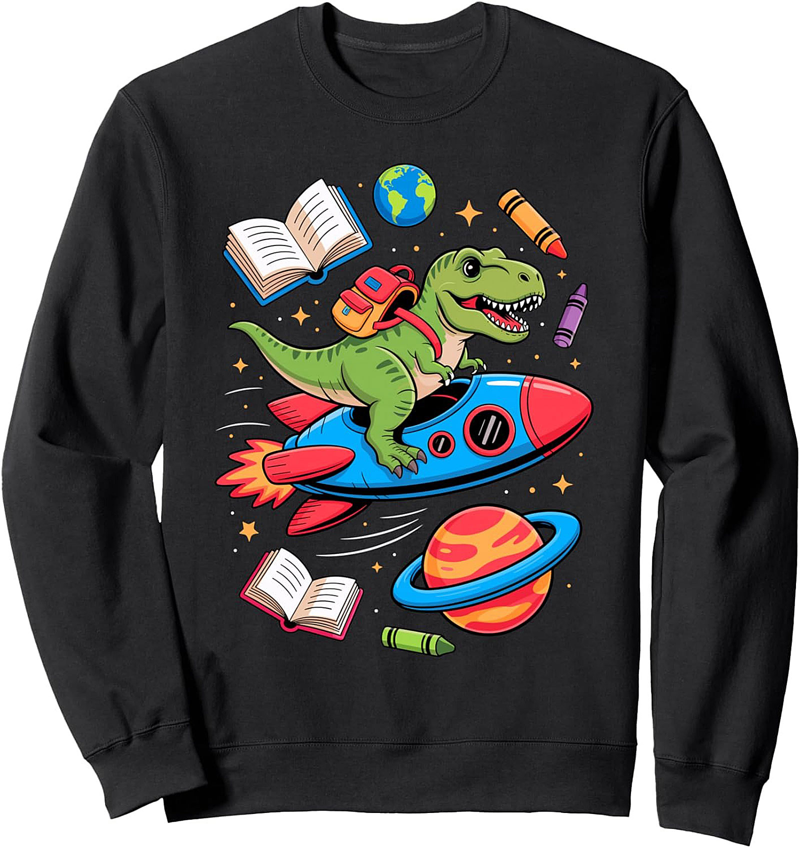 T-Rex Riding Rocket Dinosaur Back to School Graphic Sweatshirt