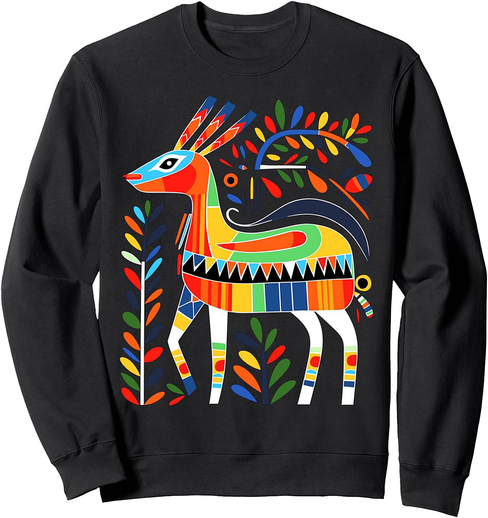 Vibrant Folk Art Deer Crewneck Sweatshirt Cozy Pullover