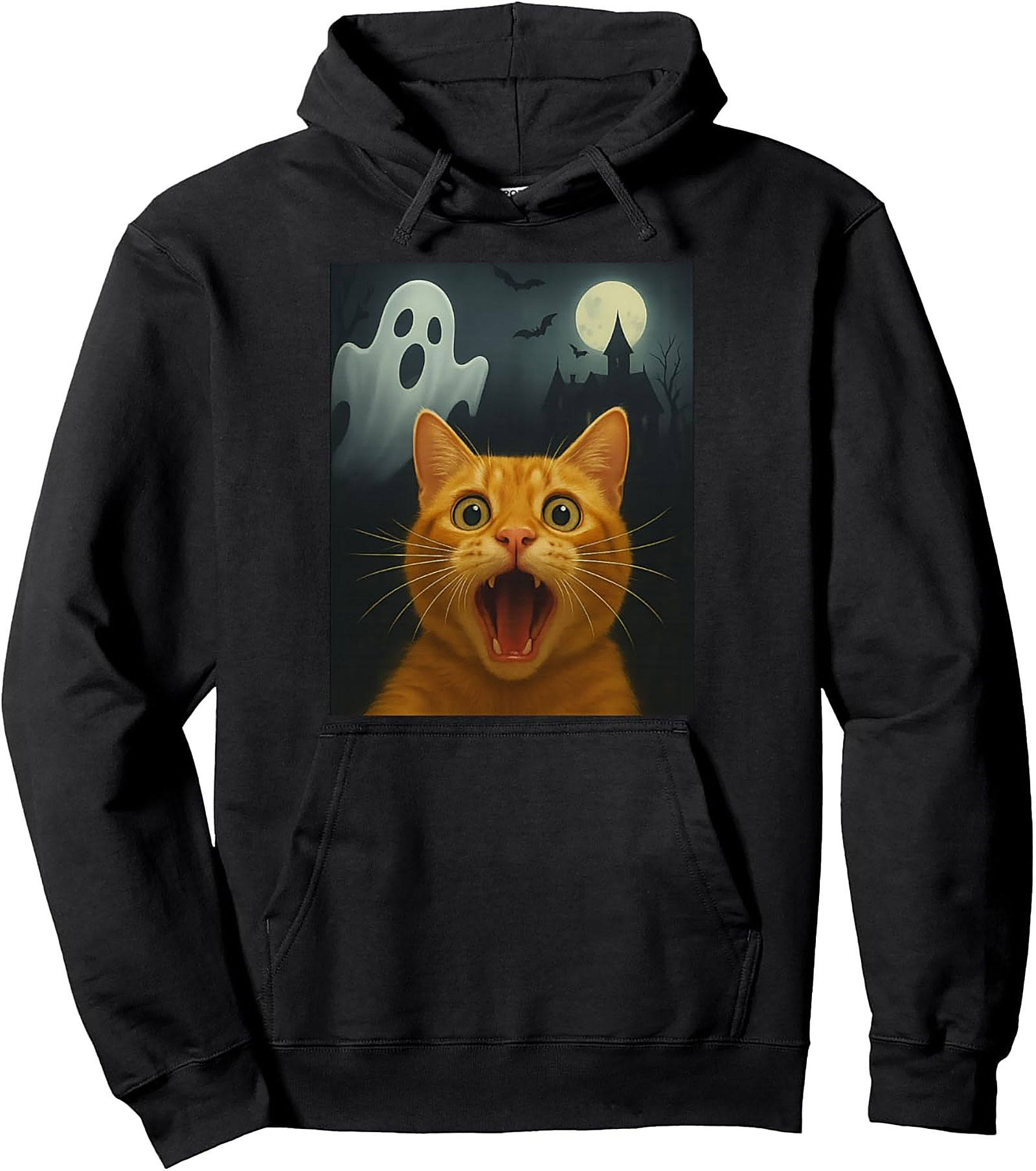 Scared Cat Halloween Pullover Hoodie | Funny Ghost Cat