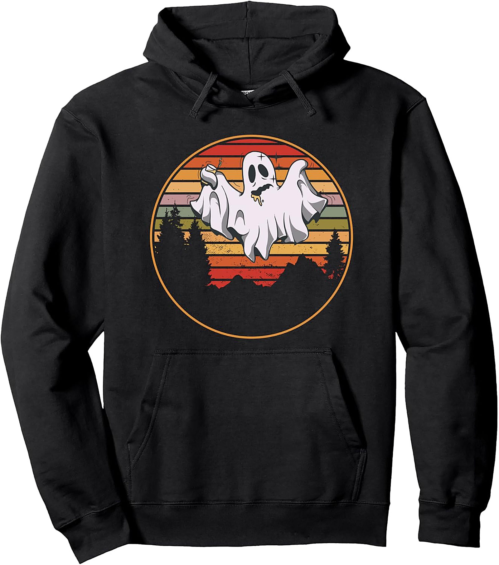 Retro Sunset Ghost Pullover Hoodie | Cozy Halloween Gift