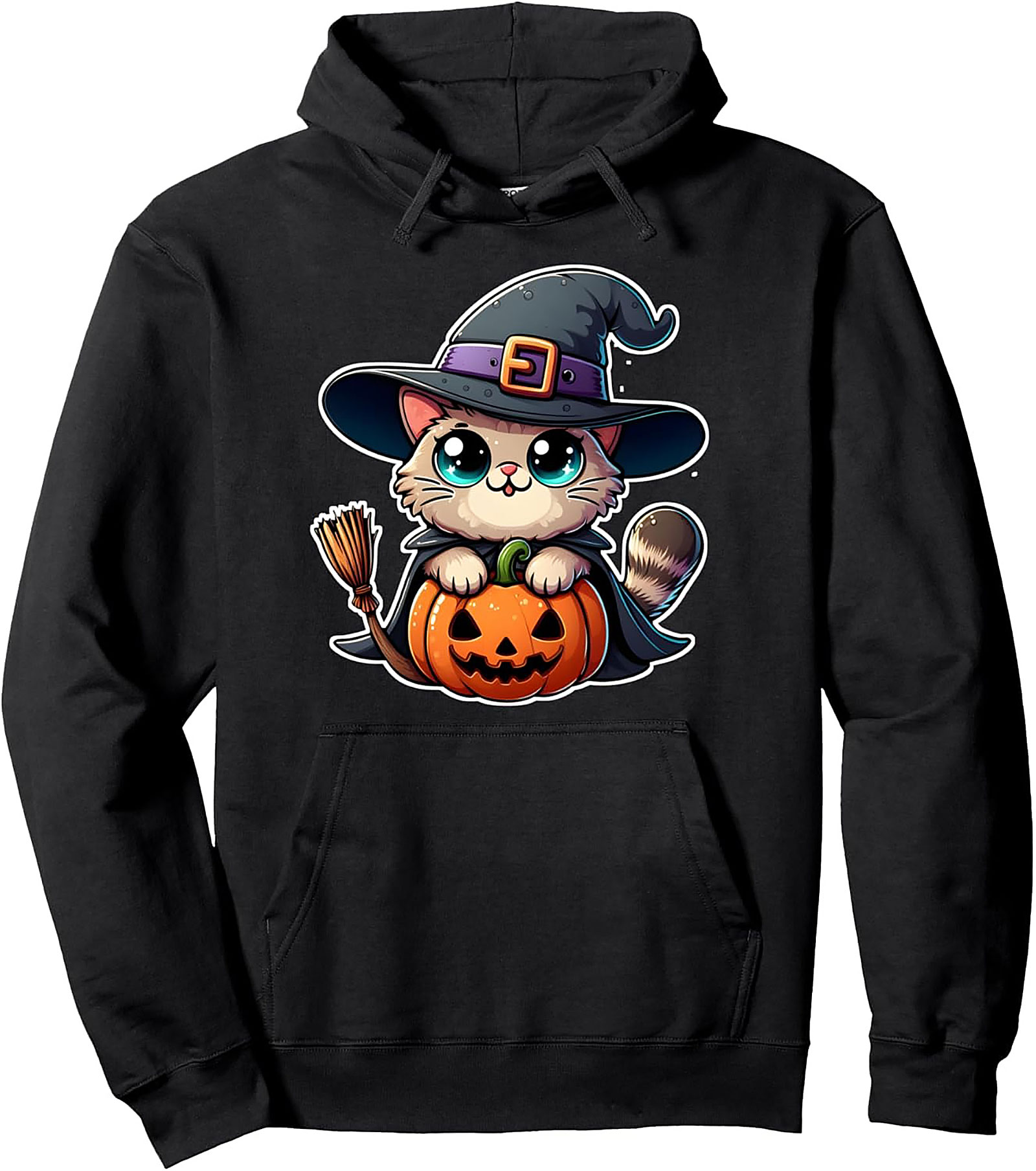 Kawaii Witch Cat Pullover Hoodie | Cute Halloween Graphic