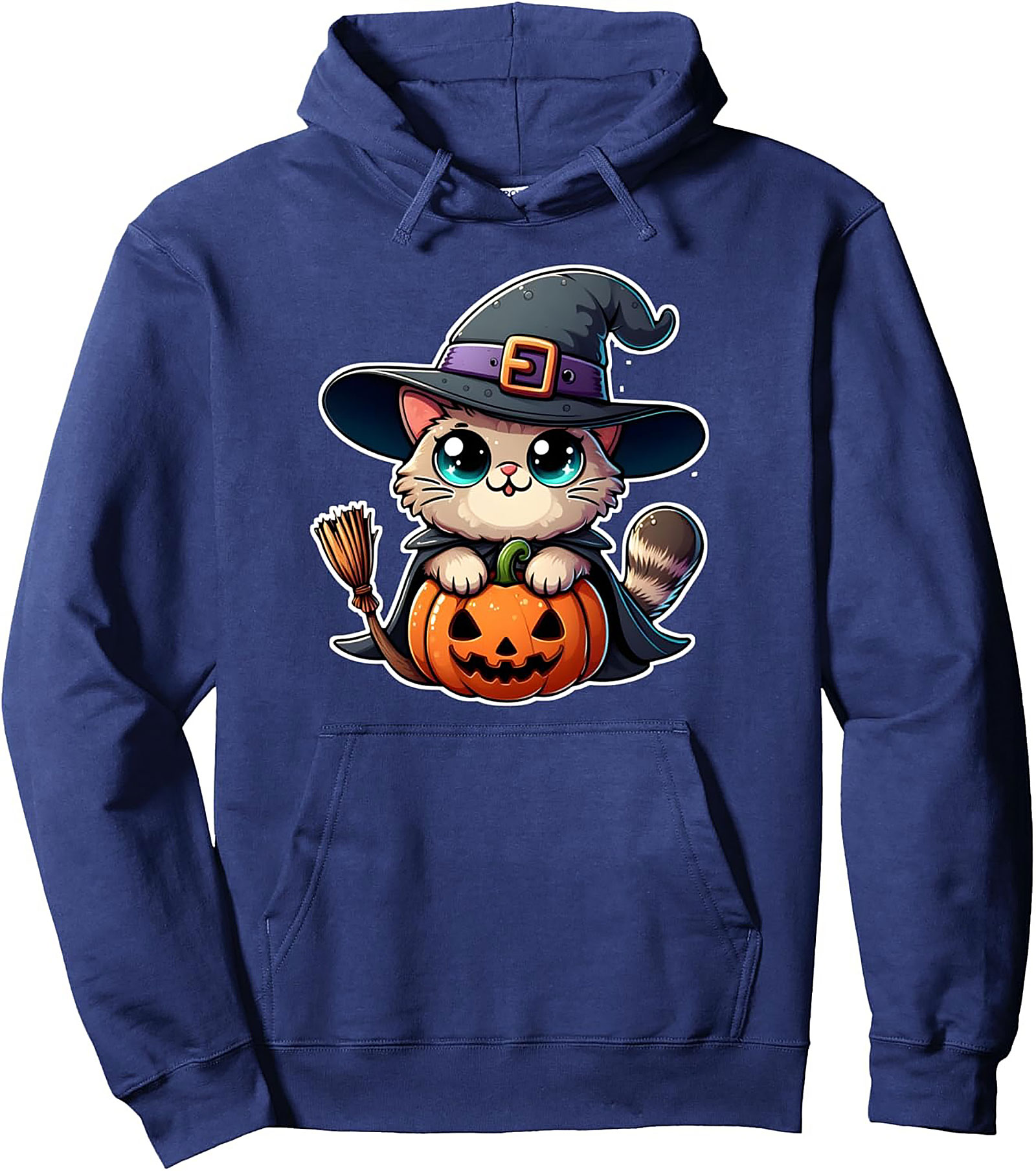 Kawaii Witch Cat Pullover Hoodie | Cute Halloween Graphic