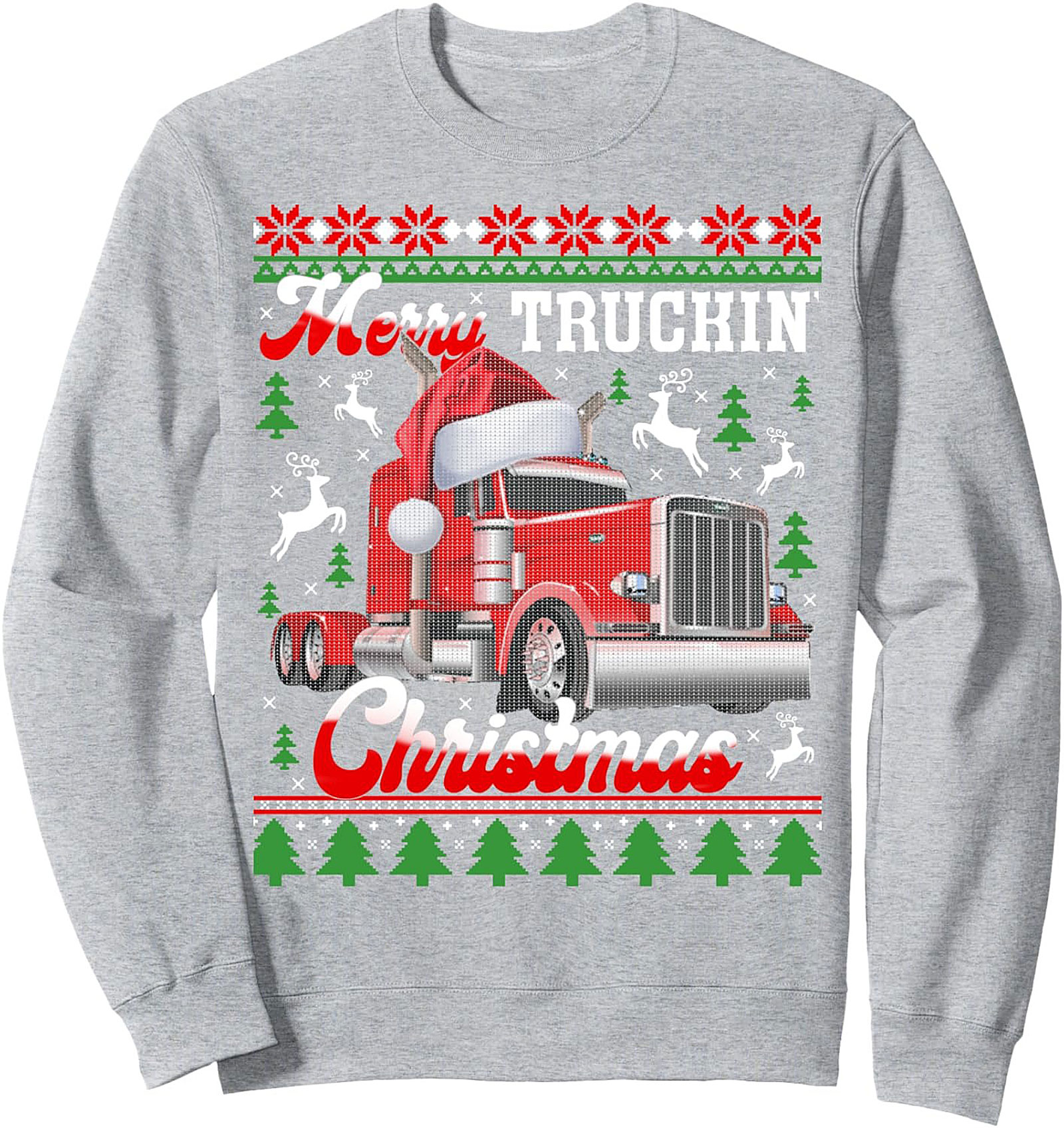 Merry Truckin' Christmas Ugly Sweater Style Trucker Christmas Crewneck Sweatshirt