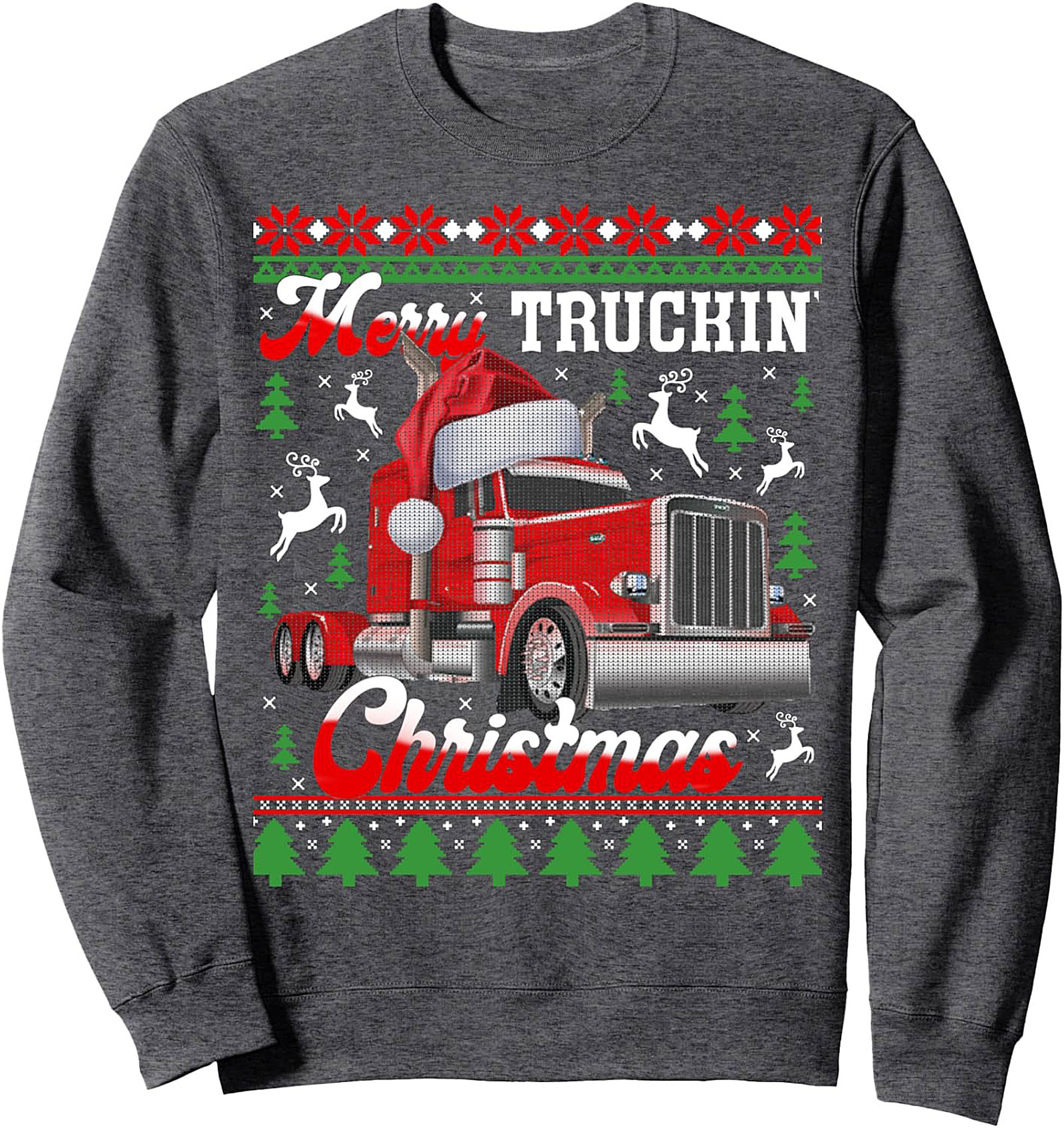 Merry Truckin' Christmas Ugly Sweater Style Trucker Christmas Crewneck Sweatshirt