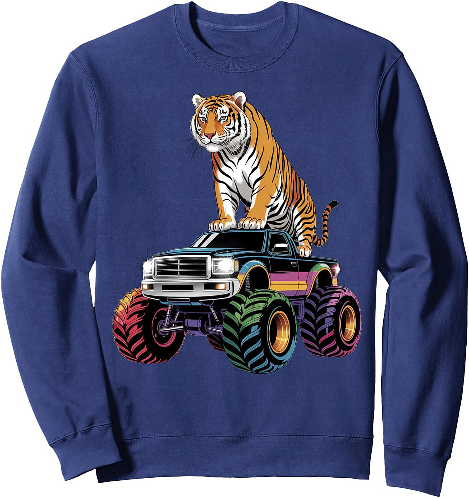 Retro Tiger Monster Truck Crewneck Sweatshirt – 80s Vibe Pullover