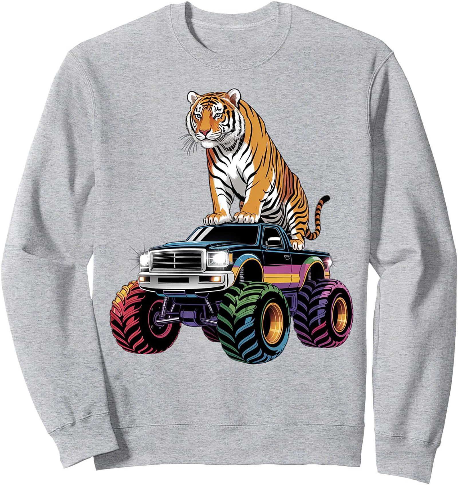 Retro Tiger Monster Truck Crewneck Sweatshirt – 80s Vibe Pullover