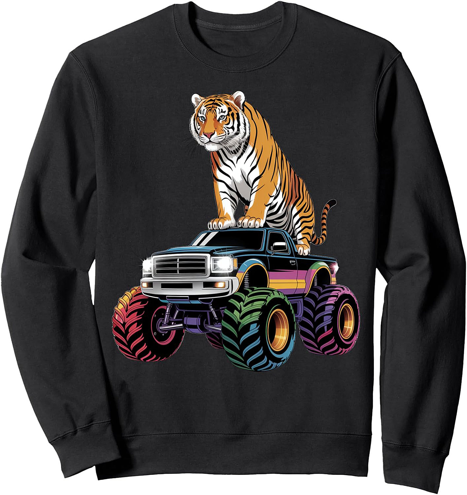 Retro Tiger Monster Truck Crewneck Sweatshirt – 80s Vibe Pullover