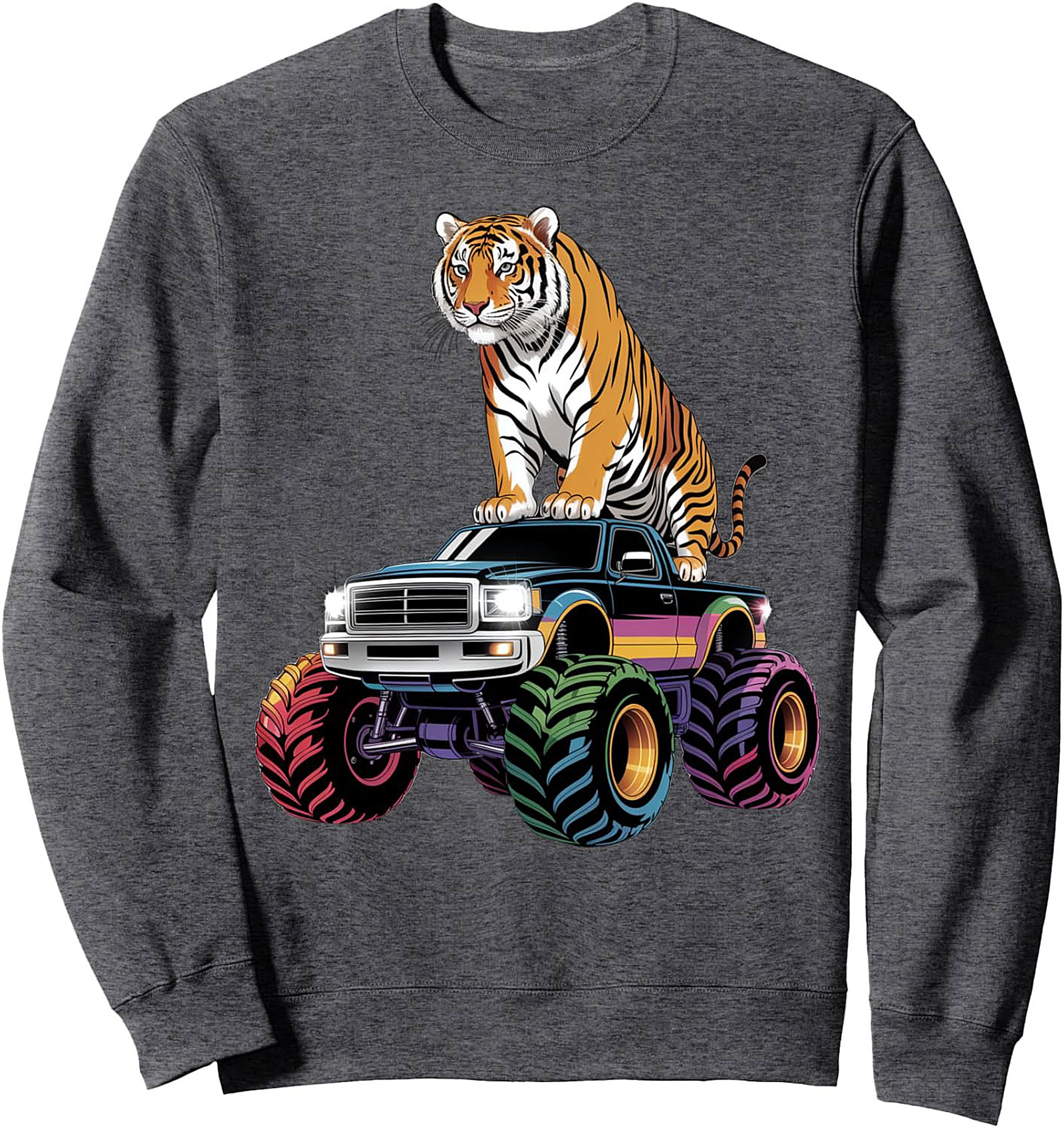 Retro Tiger Monster Truck Crewneck Sweatshirt – 80s Vibe Pullover