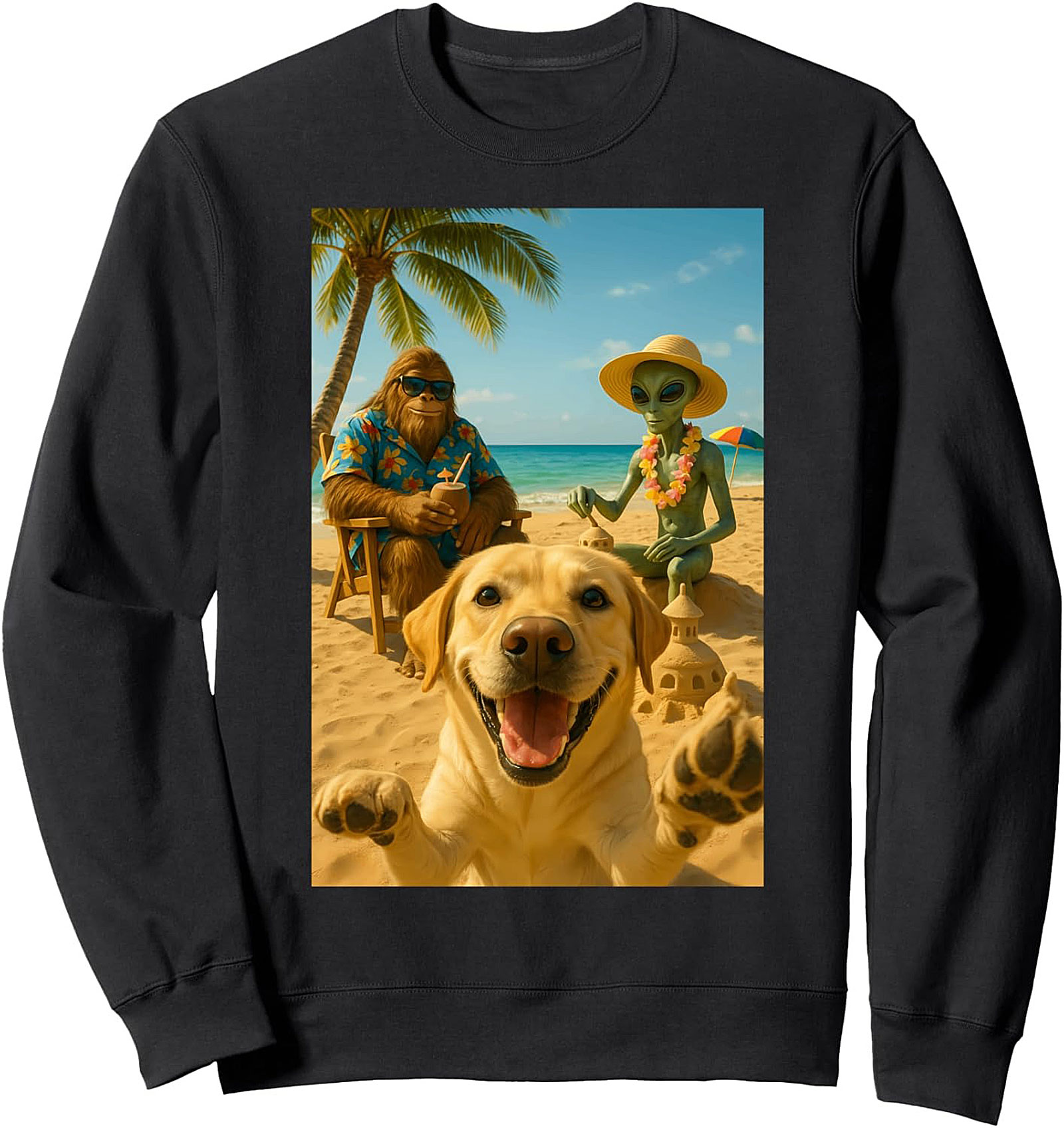 The Cryptid Vacation Crewneck Sweatshirt | Bigfoot, Alien, and Dog Beach Pullover