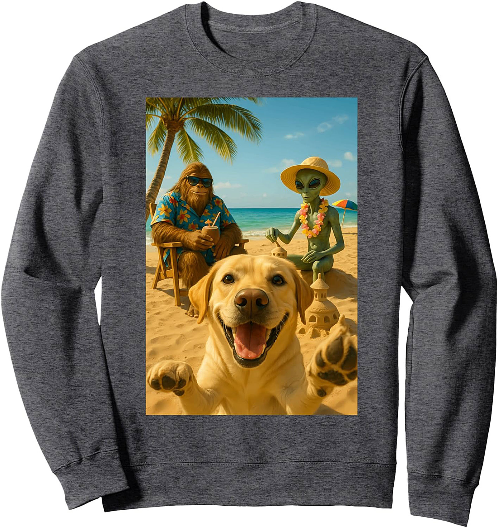 The Cryptid Vacation Crewneck Sweatshirt | Bigfoot, Alien, and Dog Beach Pullover