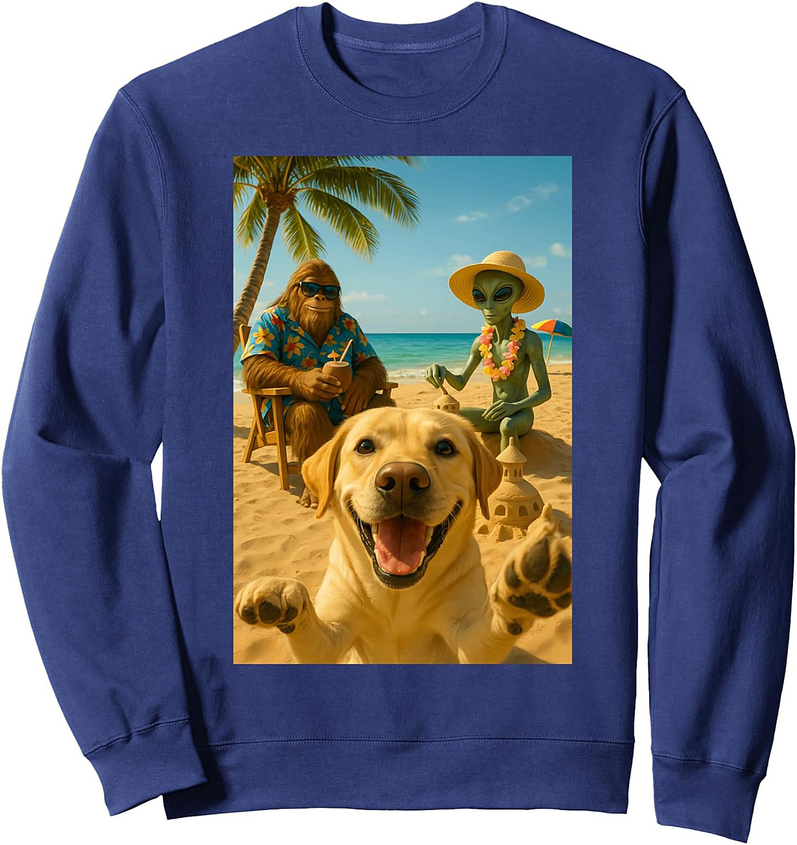 The Cryptid Vacation Crewneck Sweatshirt | Bigfoot, Alien, and Dog Beach Pullover