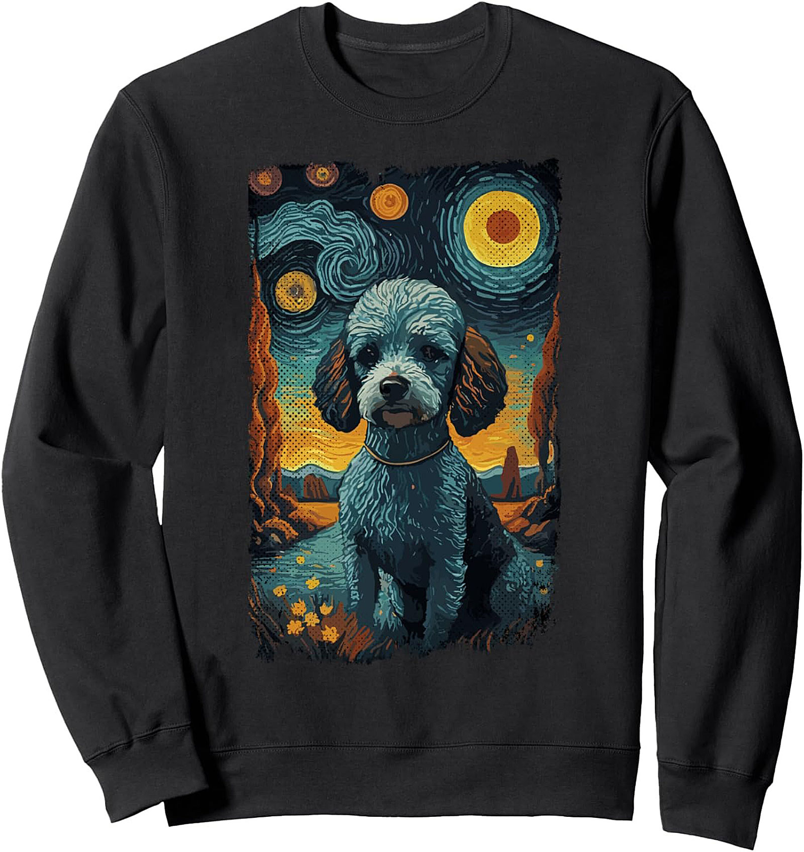 Starry Night Poodle Dog Art Graphic Crewneck Sweatshirt
