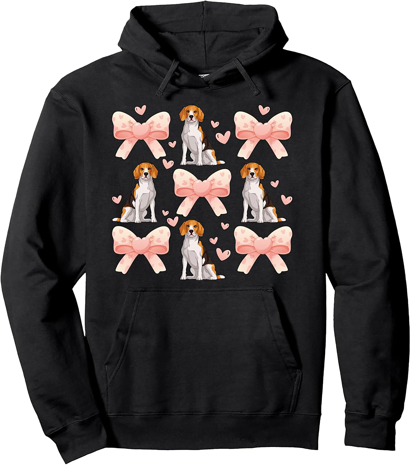 Cute Beagle Dog & Pink Bows Pattern Pullover Hoodie | Beagle Lover Graphic Hoodie