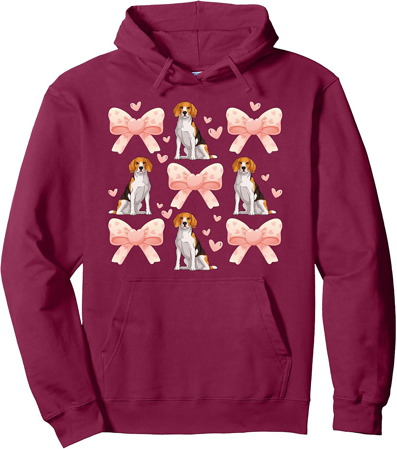 Cute Beagle Dog & Pink Bows Pattern Pullover Hoodie | Beagle Lover Graphic Hoodie