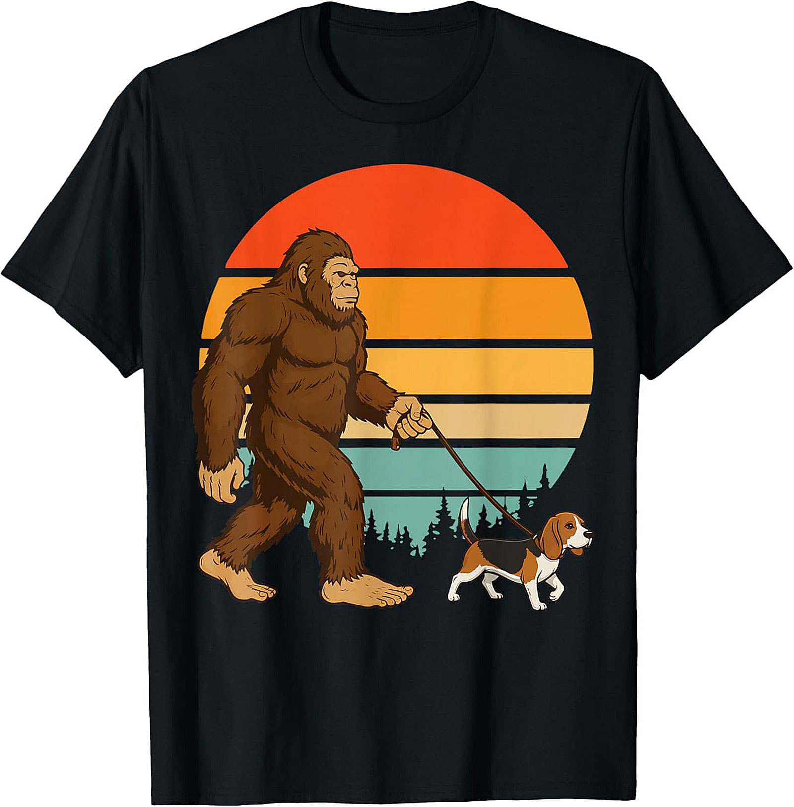 Bigfoot Walking a Beagle T-Shirt | Retro Sasquatch Dog Walker Graphic Tee