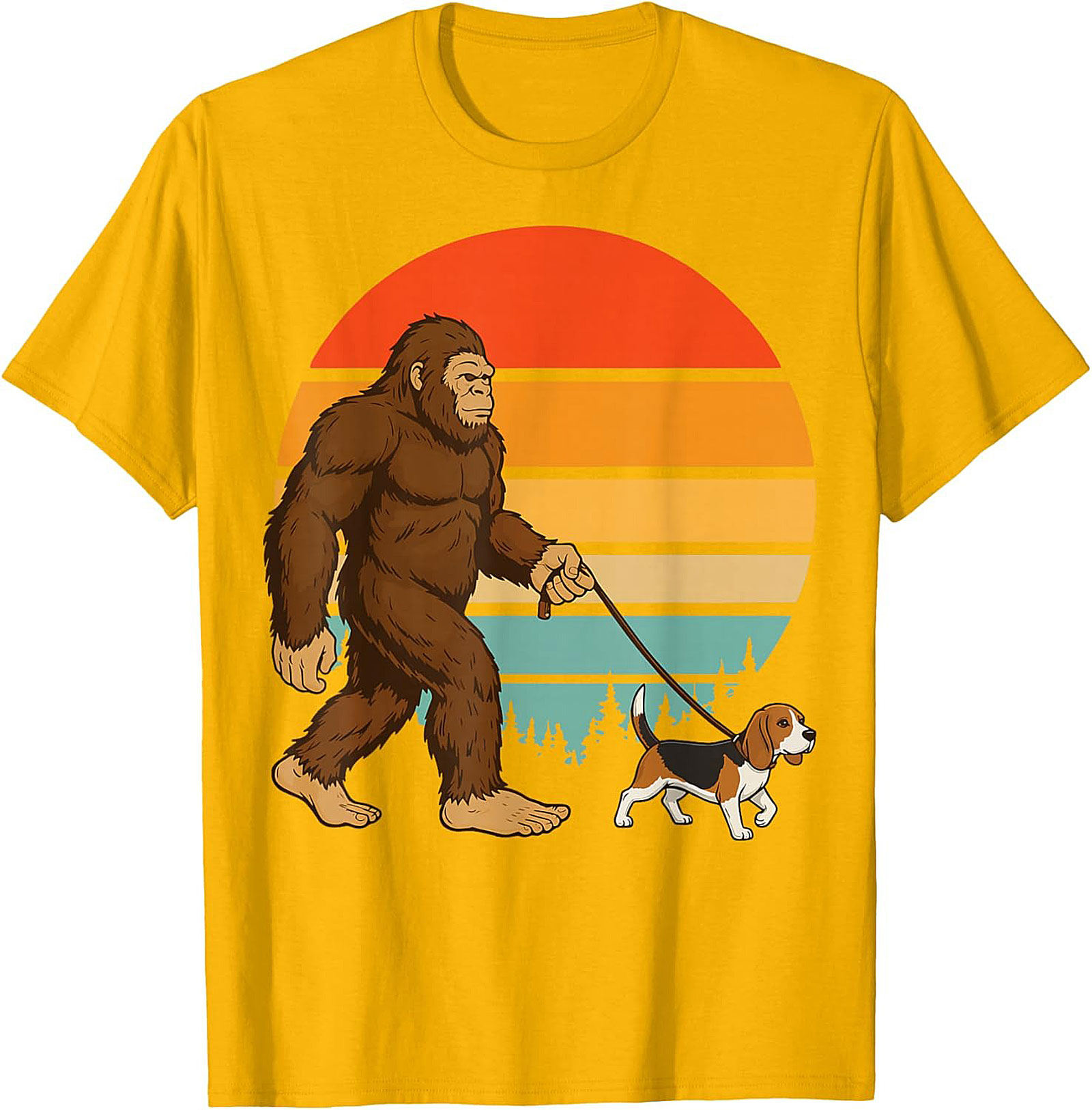 Bigfoot Walking a Beagle T-Shirt | Retro Sasquatch Dog Walker Graphic Tee