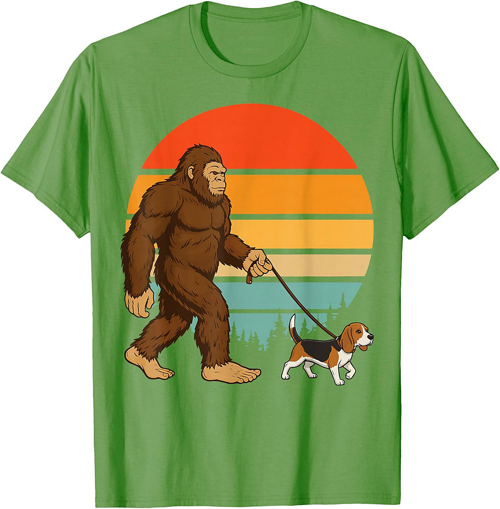 Bigfoot Walking a Beagle T-Shirt | Retro Sasquatch Dog Walker Graphic Tee