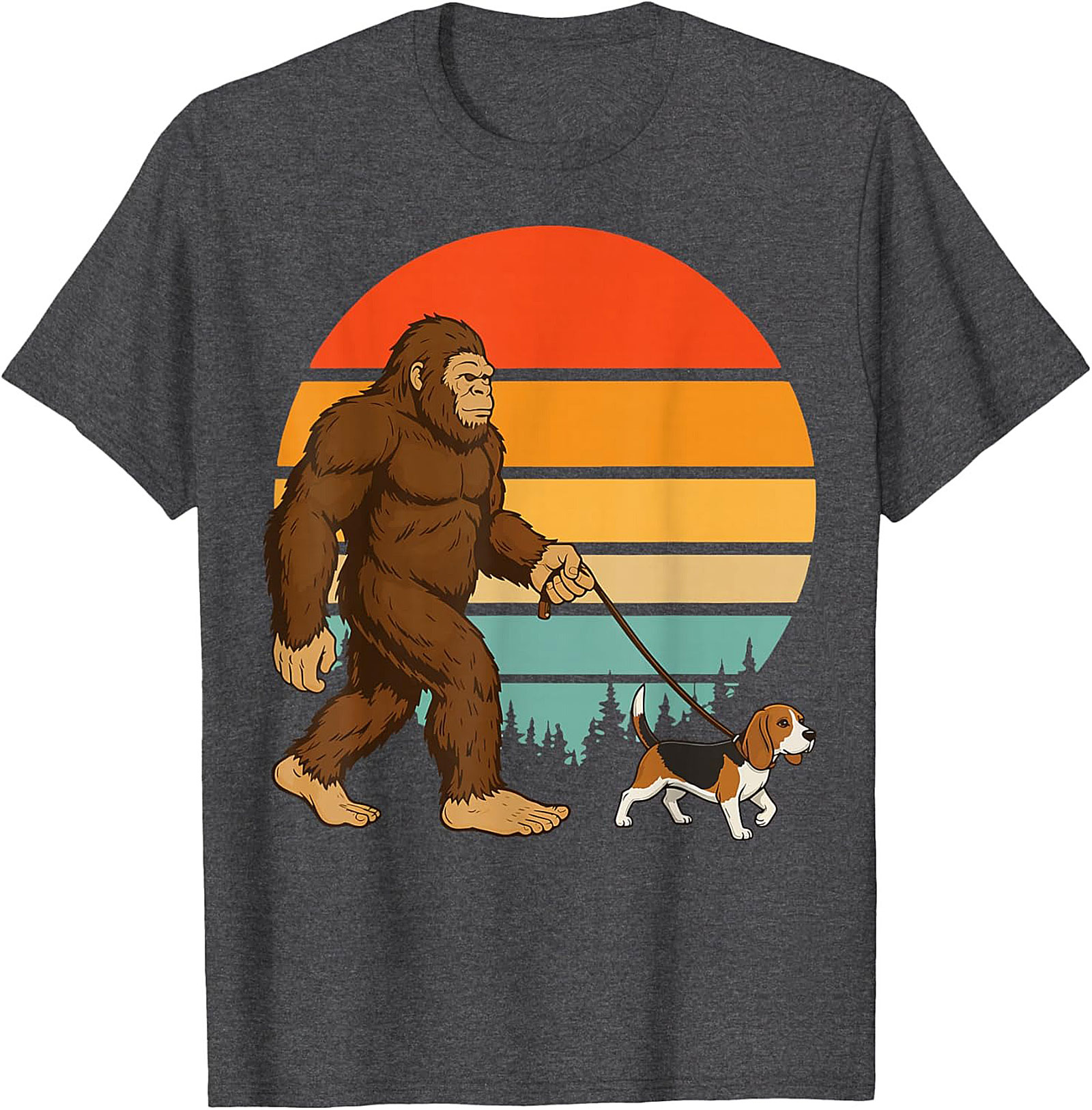 Bigfoot Walking a Beagle T-Shirt | Retro Sasquatch Dog Walker Graphic Tee