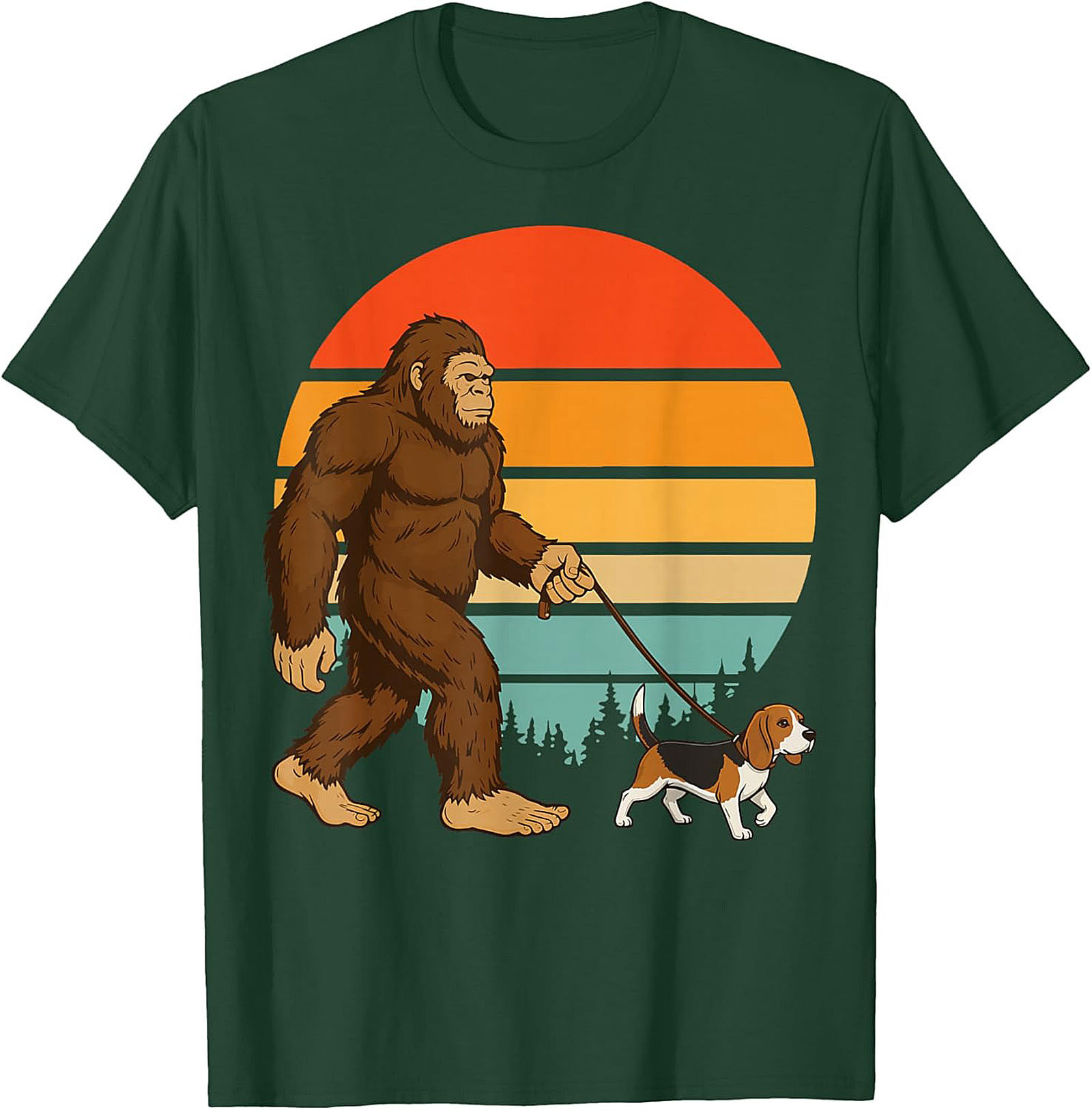 Bigfoot Walking a Beagle T-Shirt | Retro Sasquatch Dog Walker Graphic Tee