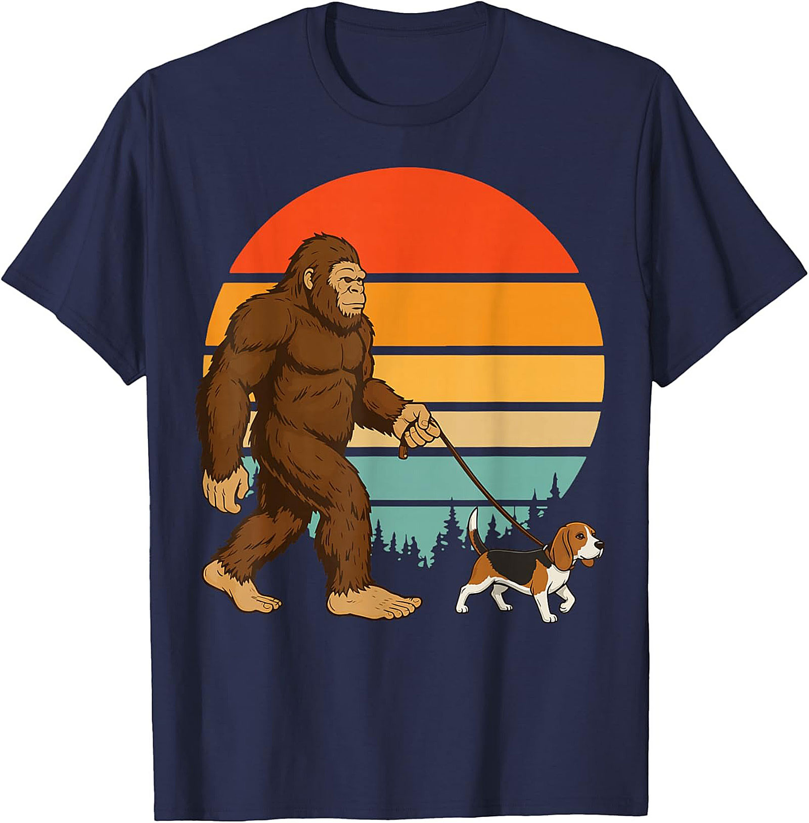 Bigfoot Walking a Beagle T-Shirt | Retro Sasquatch Dog Walker Graphic Tee