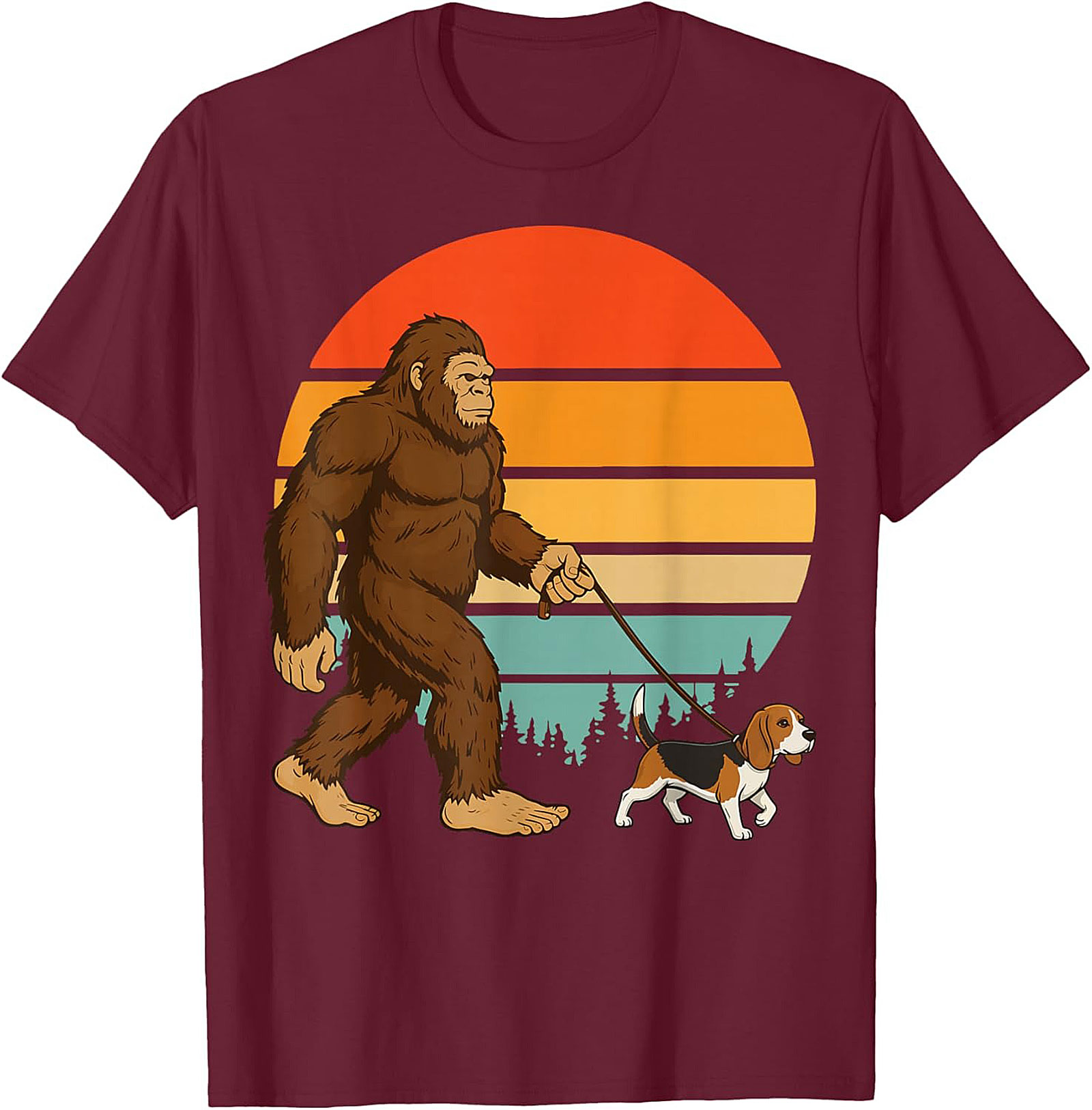 Bigfoot Walking a Beagle T-Shirt | Retro Sasquatch Dog Walker Graphic Tee