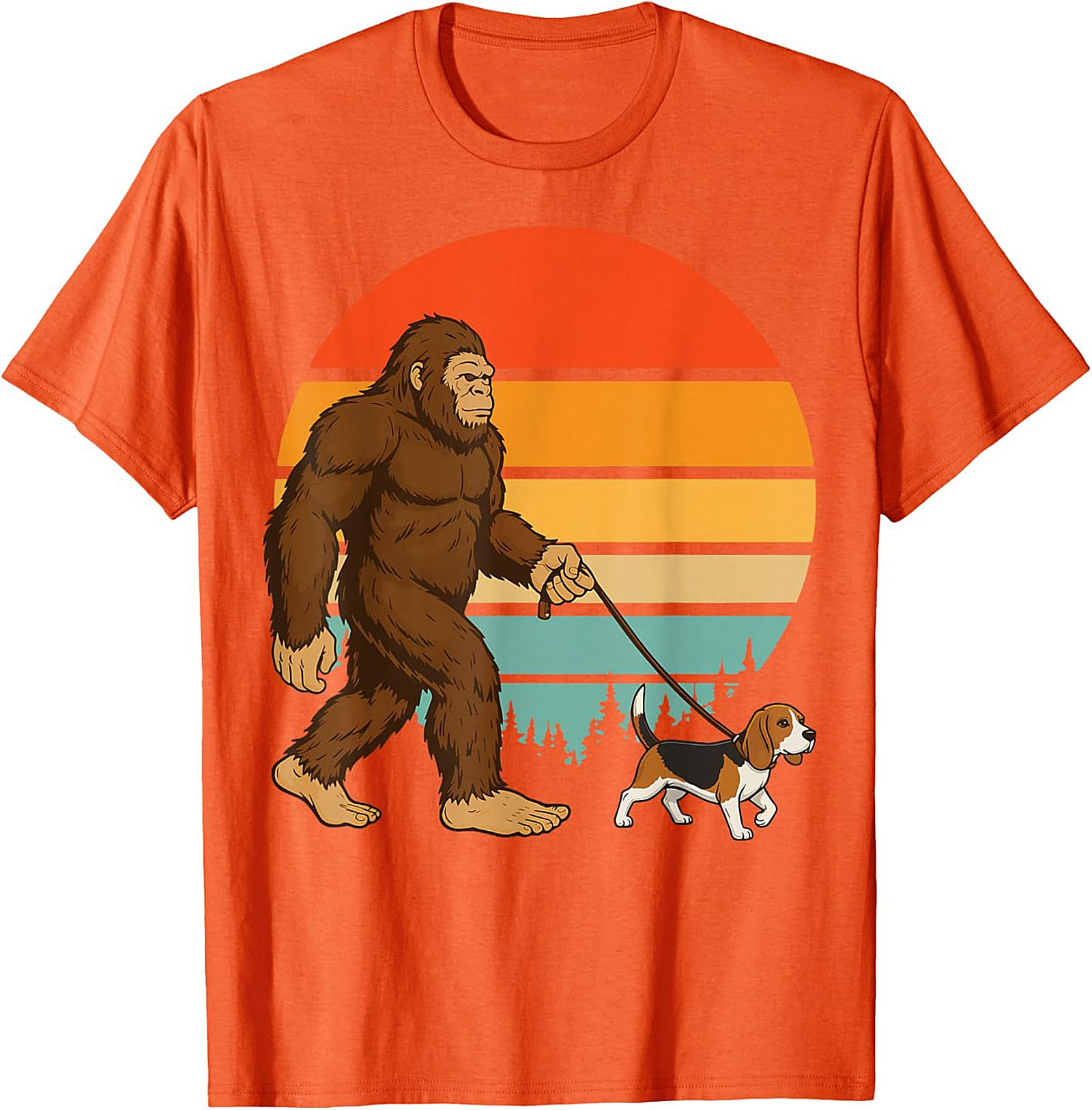 Bigfoot Walking a Beagle T-Shirt | Retro Sasquatch Dog Walker Graphic Tee
