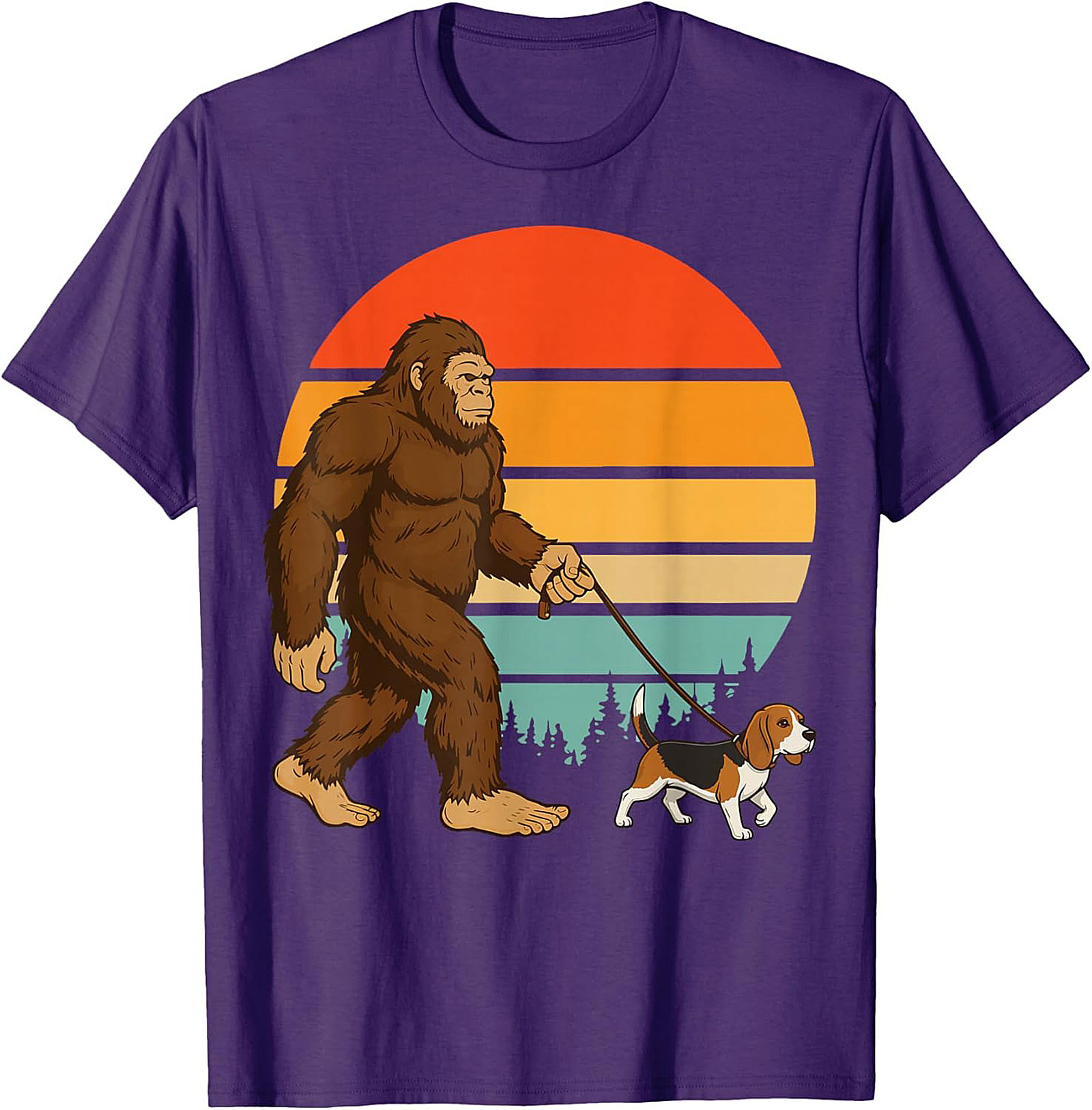 Bigfoot Walking a Beagle T-Shirt | Retro Sasquatch Dog Walker Graphic Tee