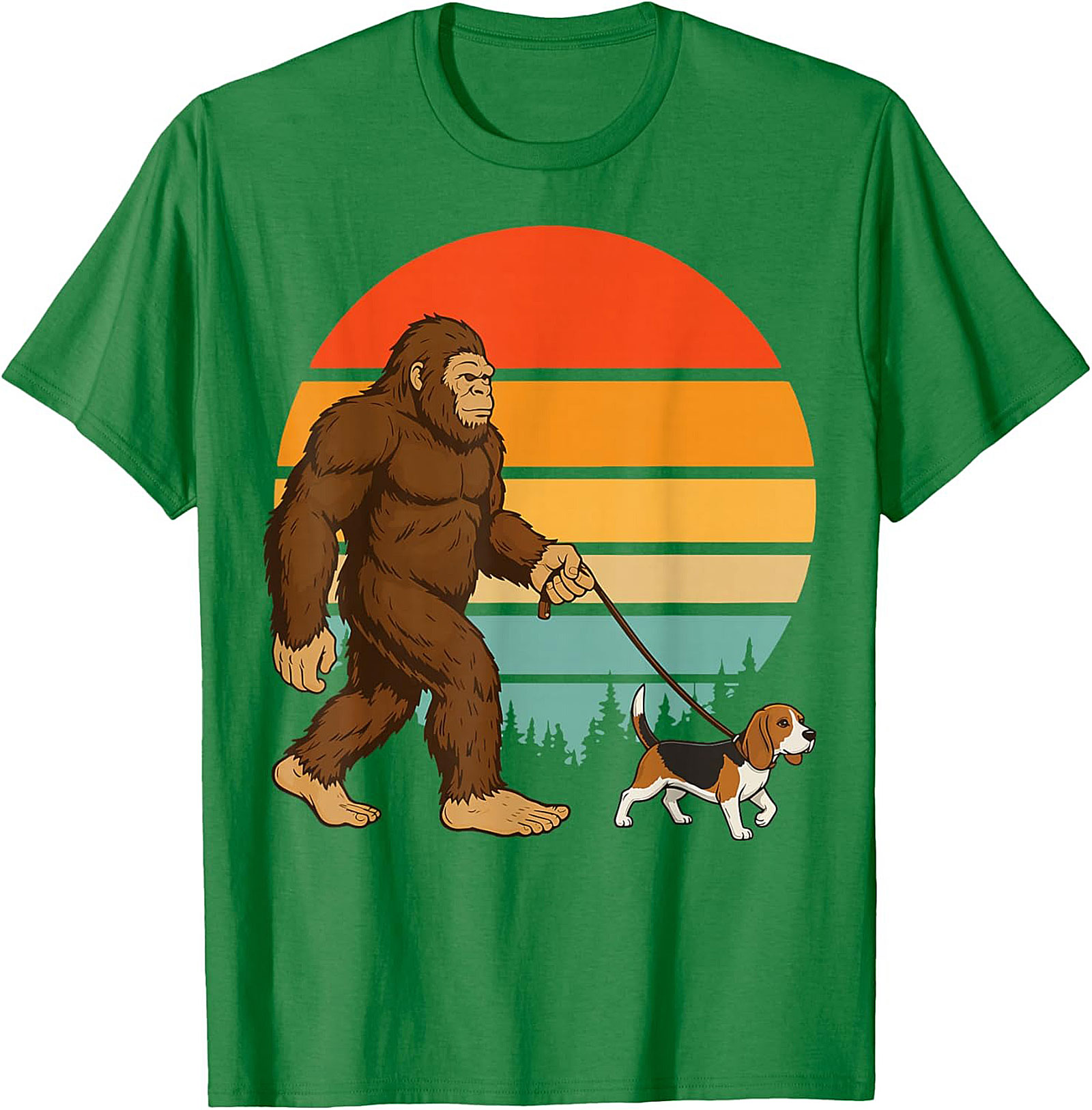 Bigfoot Walking a Beagle T-Shirt | Retro Sasquatch Dog Walker Graphic Tee