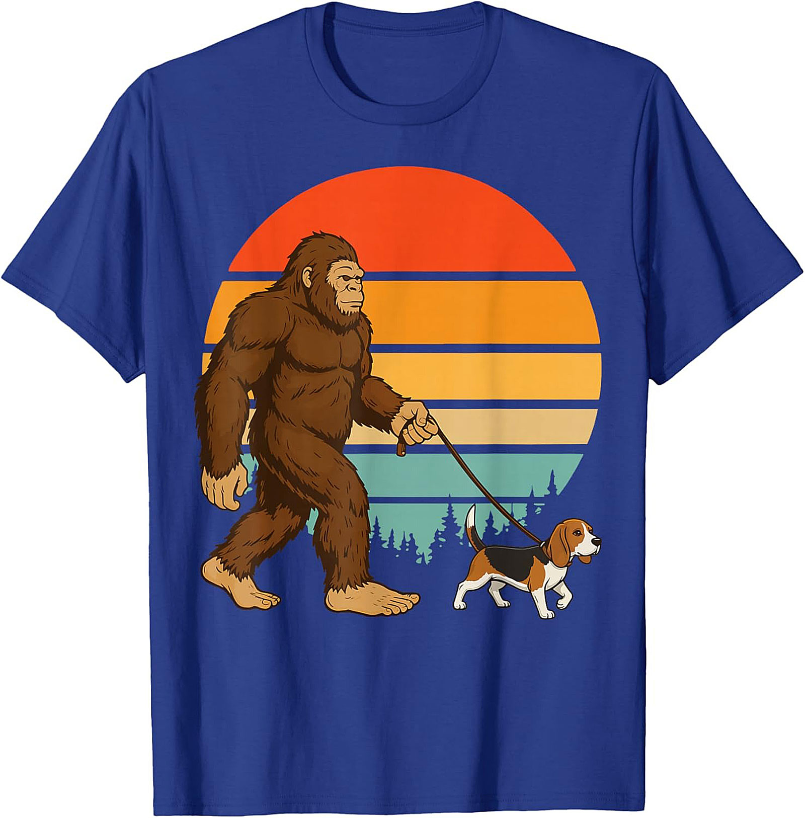 Bigfoot Walking a Beagle T-Shirt | Retro Sasquatch Dog Walker Graphic Tee