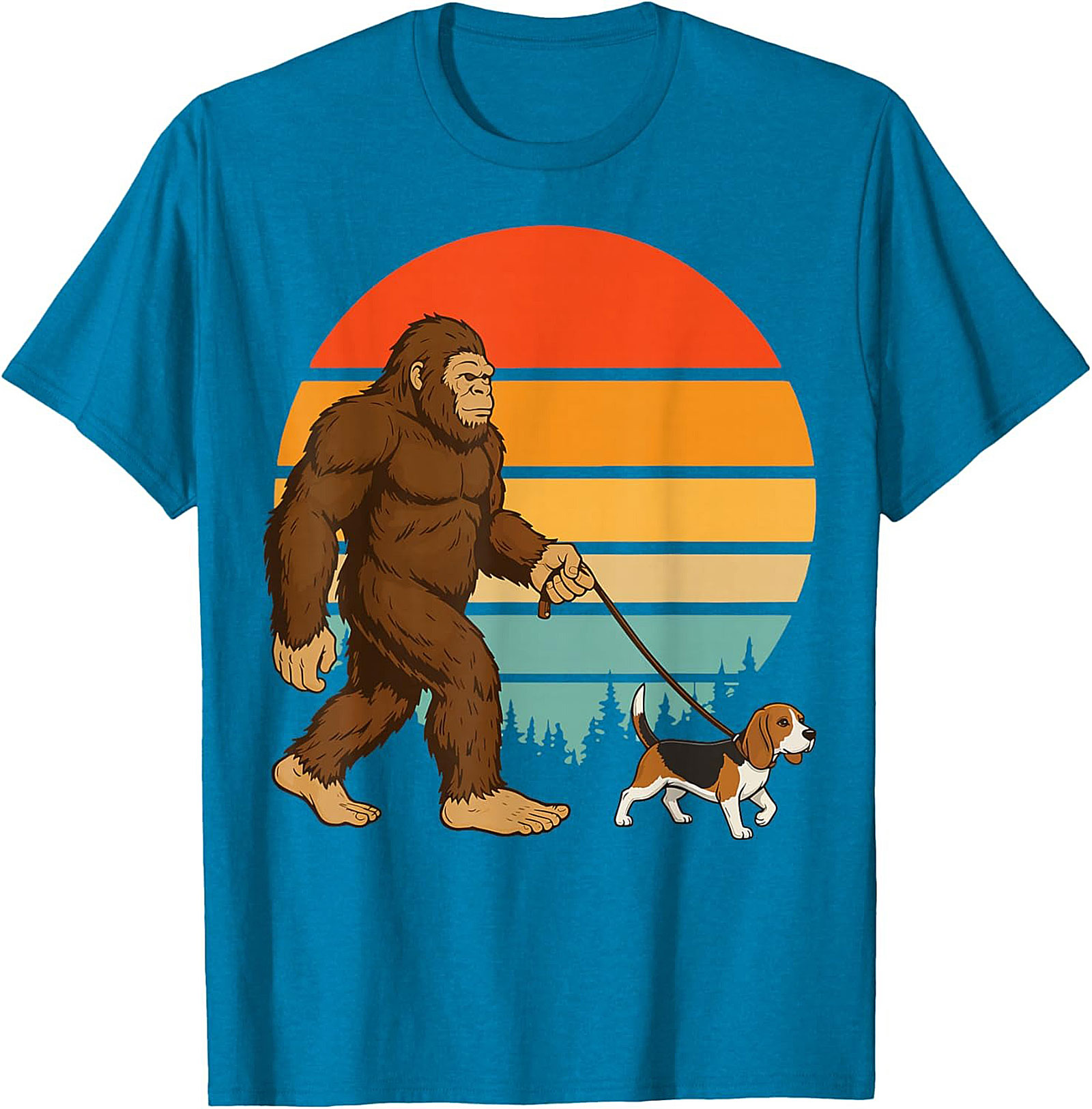 Bigfoot Walking a Beagle T-Shirt | Retro Sasquatch Dog Walker Graphic Tee