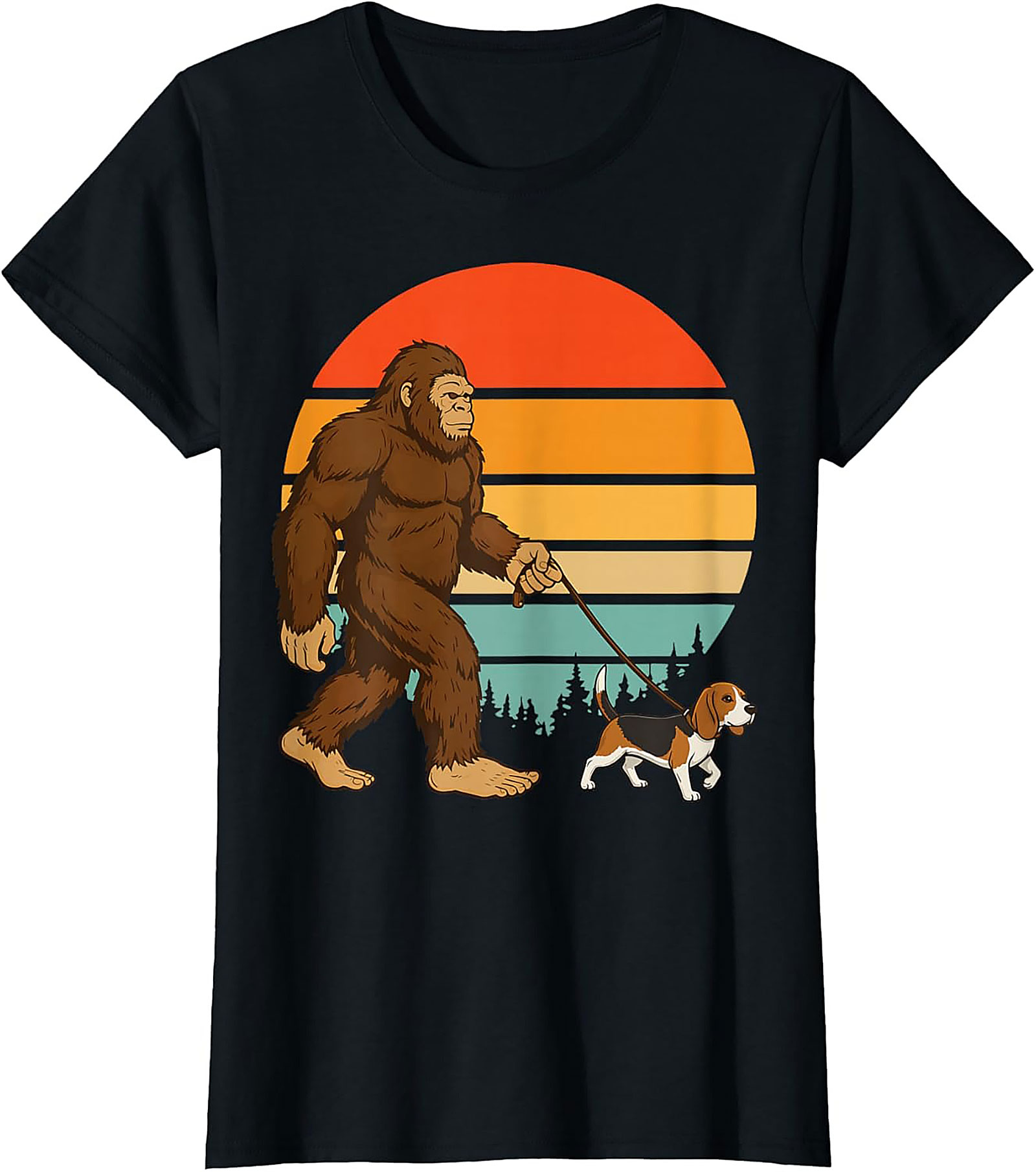 Bigfoot Walking a Beagle T-Shirt | Retro Sasquatch Dog Walker Graphic Tee