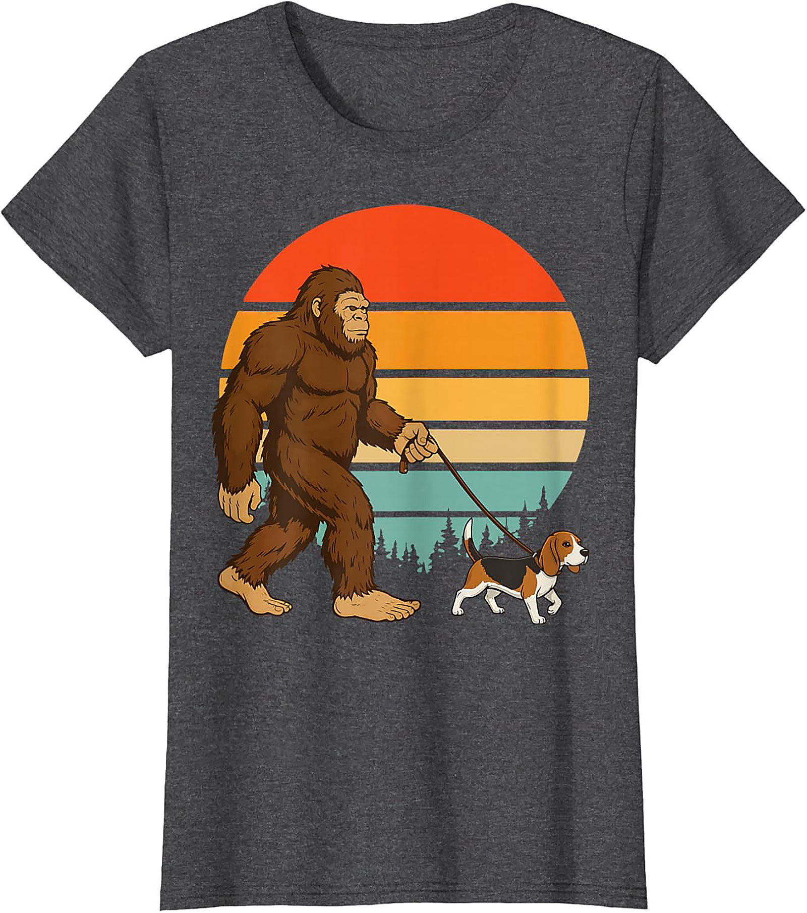 Bigfoot Walking a Beagle T-Shirt | Retro Sasquatch Dog Walker Graphic Tee