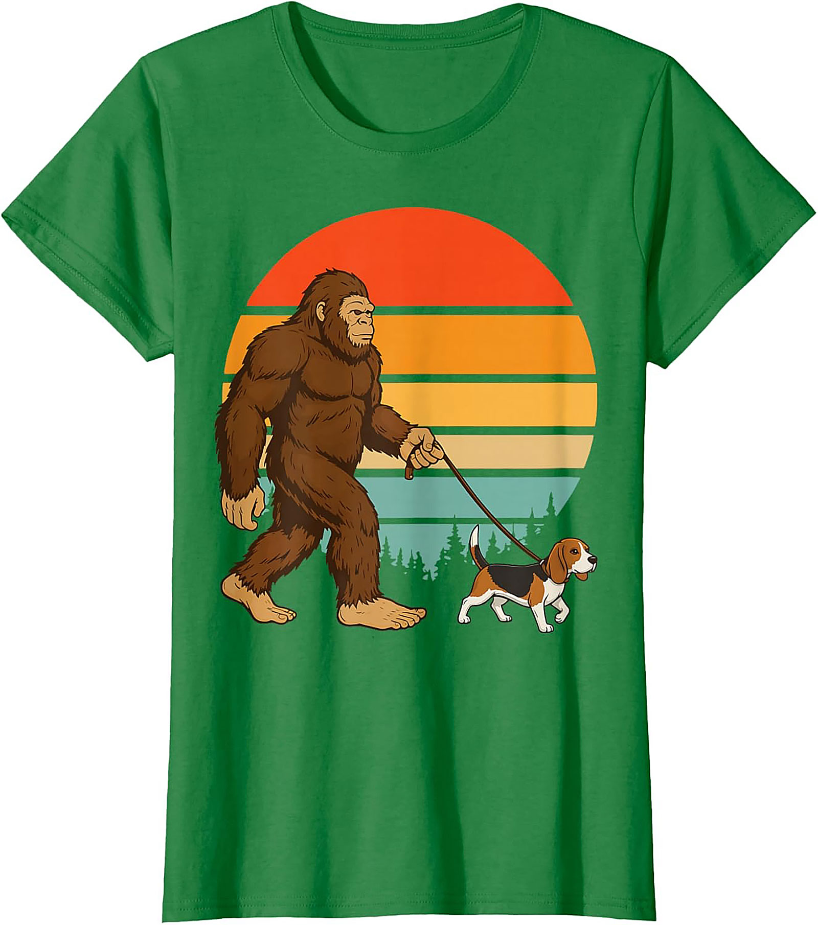 Bigfoot Walking a Beagle T-Shirt | Retro Sasquatch Dog Walker Graphic Tee