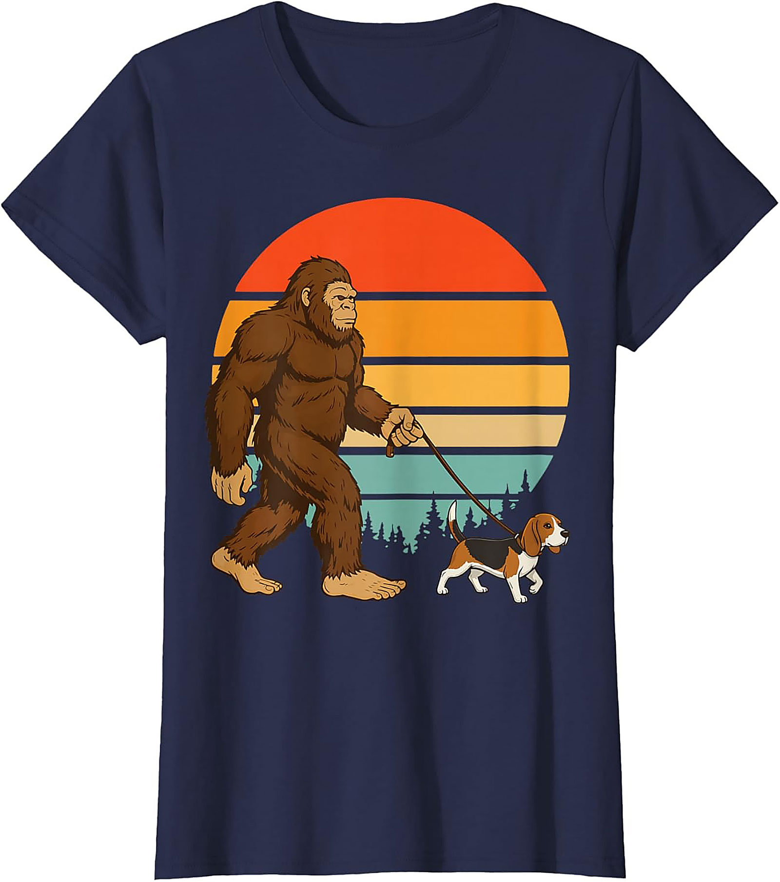 Bigfoot Walking a Beagle T-Shirt | Retro Sasquatch Dog Walker Graphic Tee