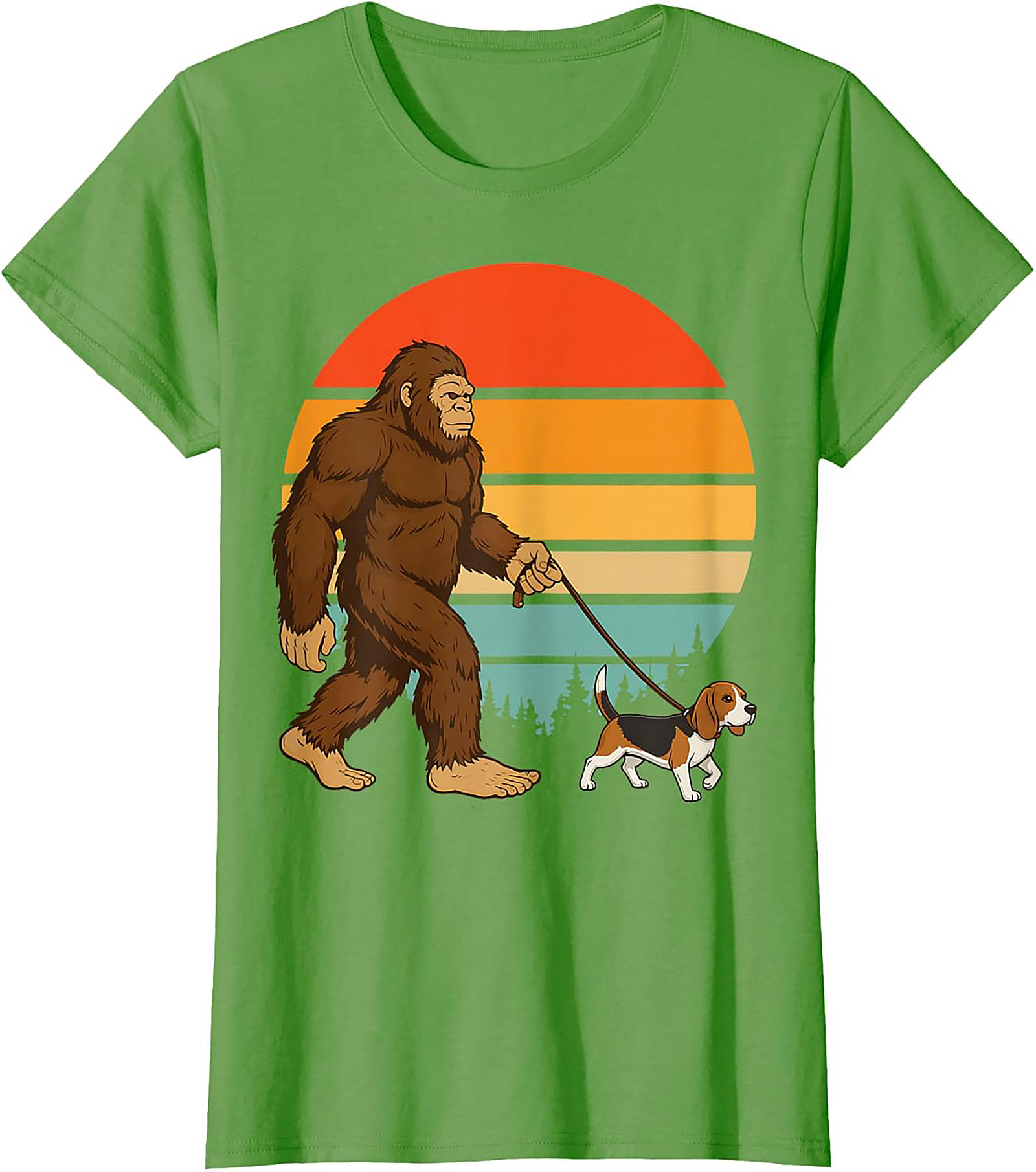 Bigfoot Walking a Beagle T-Shirt | Retro Sasquatch Dog Walker Graphic Tee