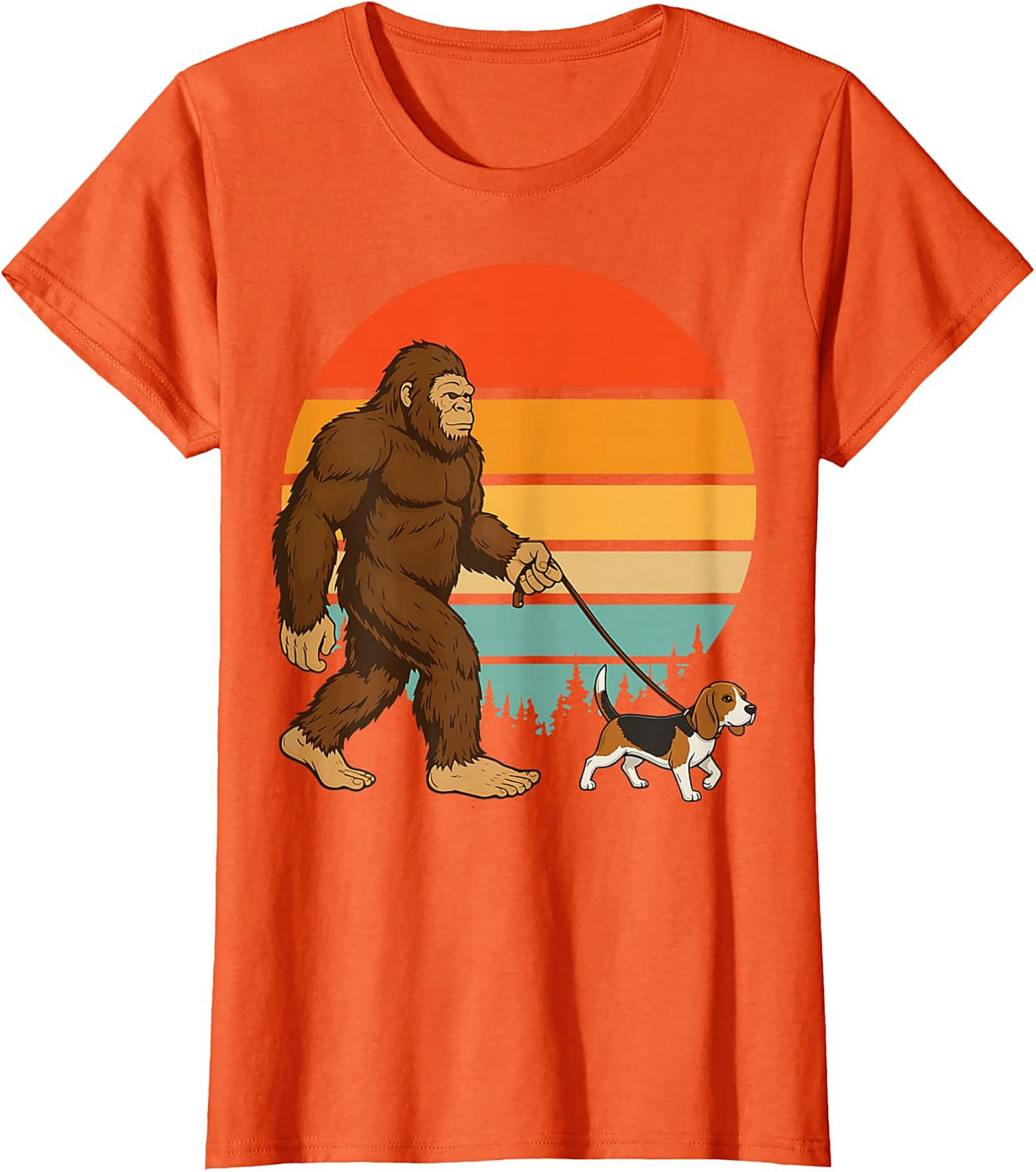 Bigfoot Walking a Beagle T-Shirt | Retro Sasquatch Dog Walker Graphic Tee