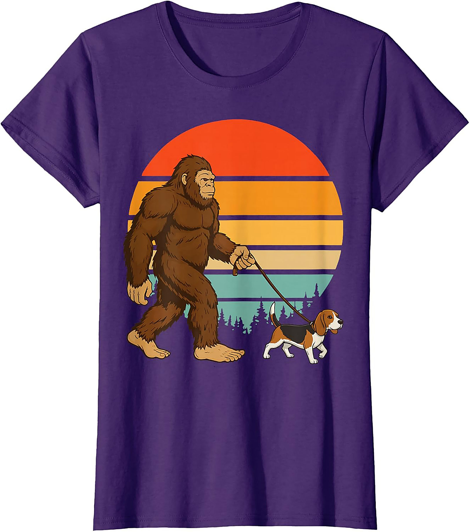 Bigfoot Walking a Beagle T-Shirt | Retro Sasquatch Dog Walker Graphic Tee