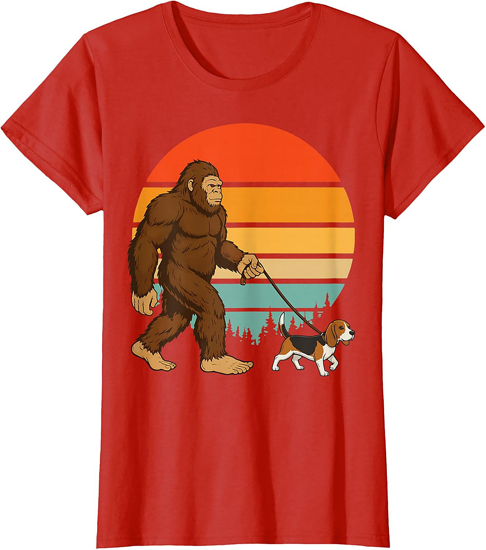 Bigfoot Walking a Beagle T-Shirt | Retro Sasquatch Dog Walker Graphic Tee