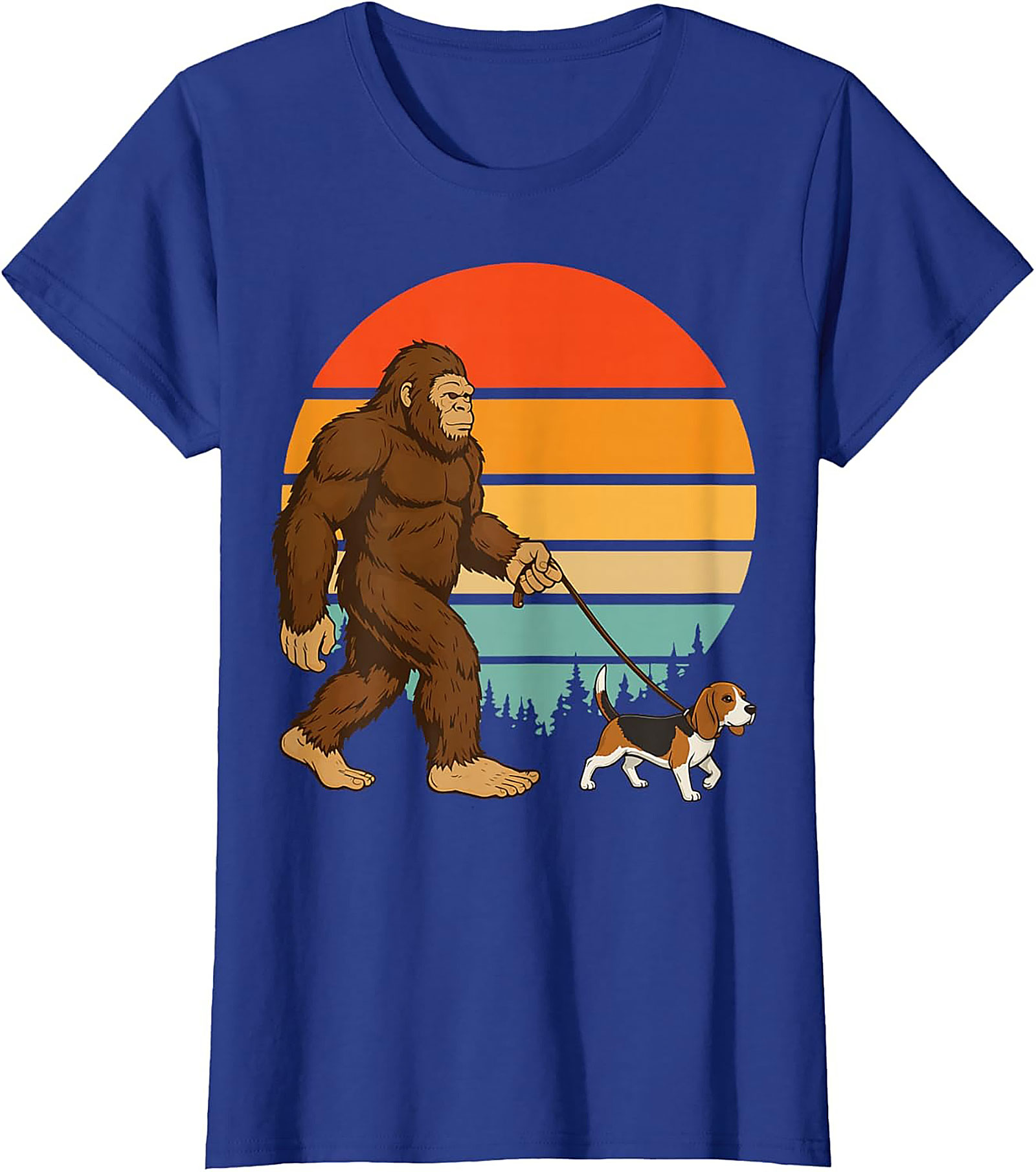 Bigfoot Walking a Beagle T-Shirt | Retro Sasquatch Dog Walker Graphic Tee