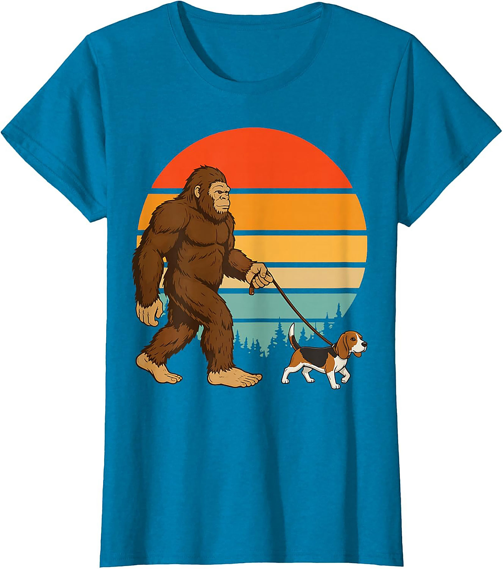 Bigfoot Walking a Beagle T-Shirt | Retro Sasquatch Dog Walker Graphic Tee