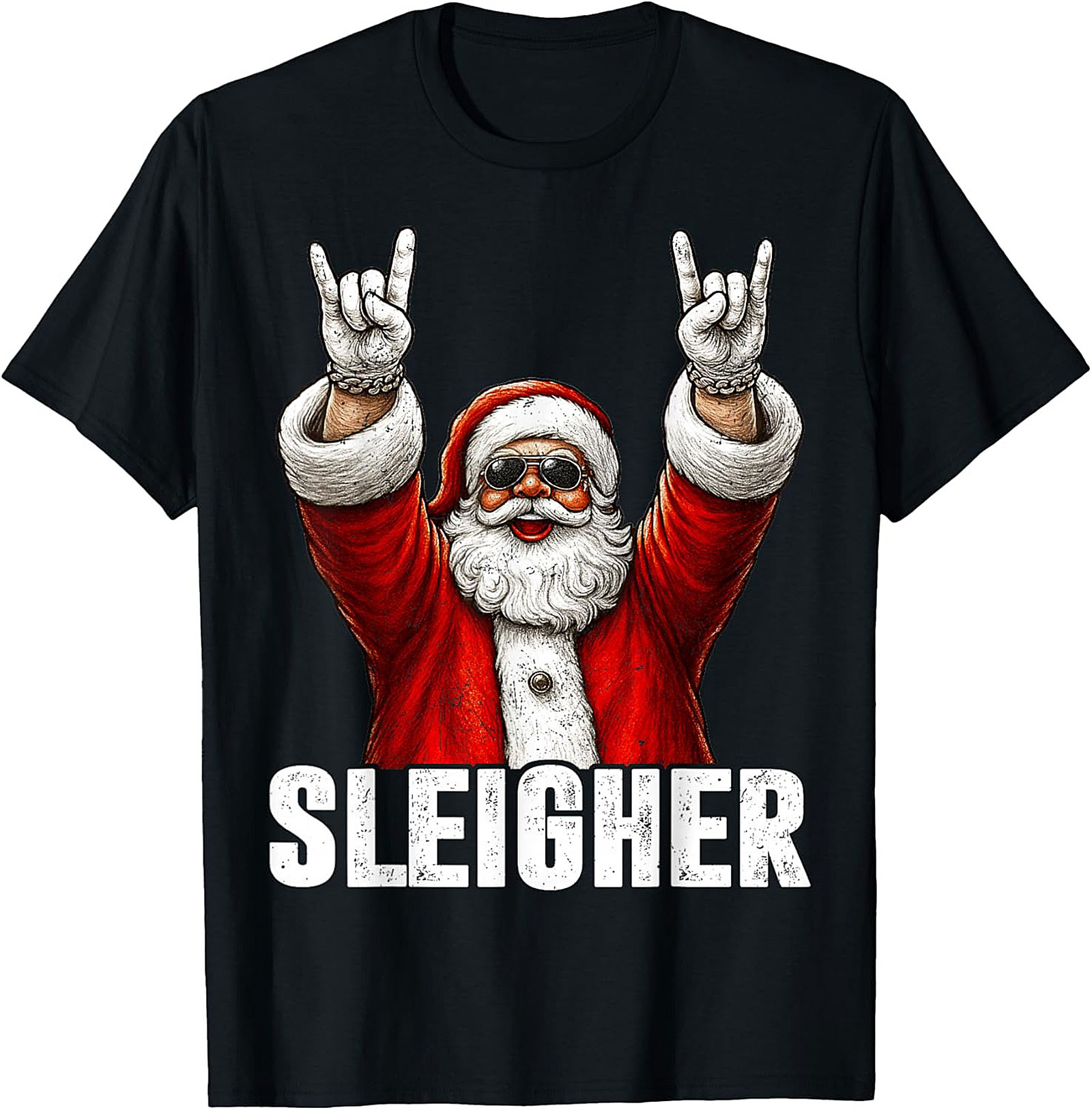 Sleigher Christmas Graphic Tee Funny Santa Metal Shirt