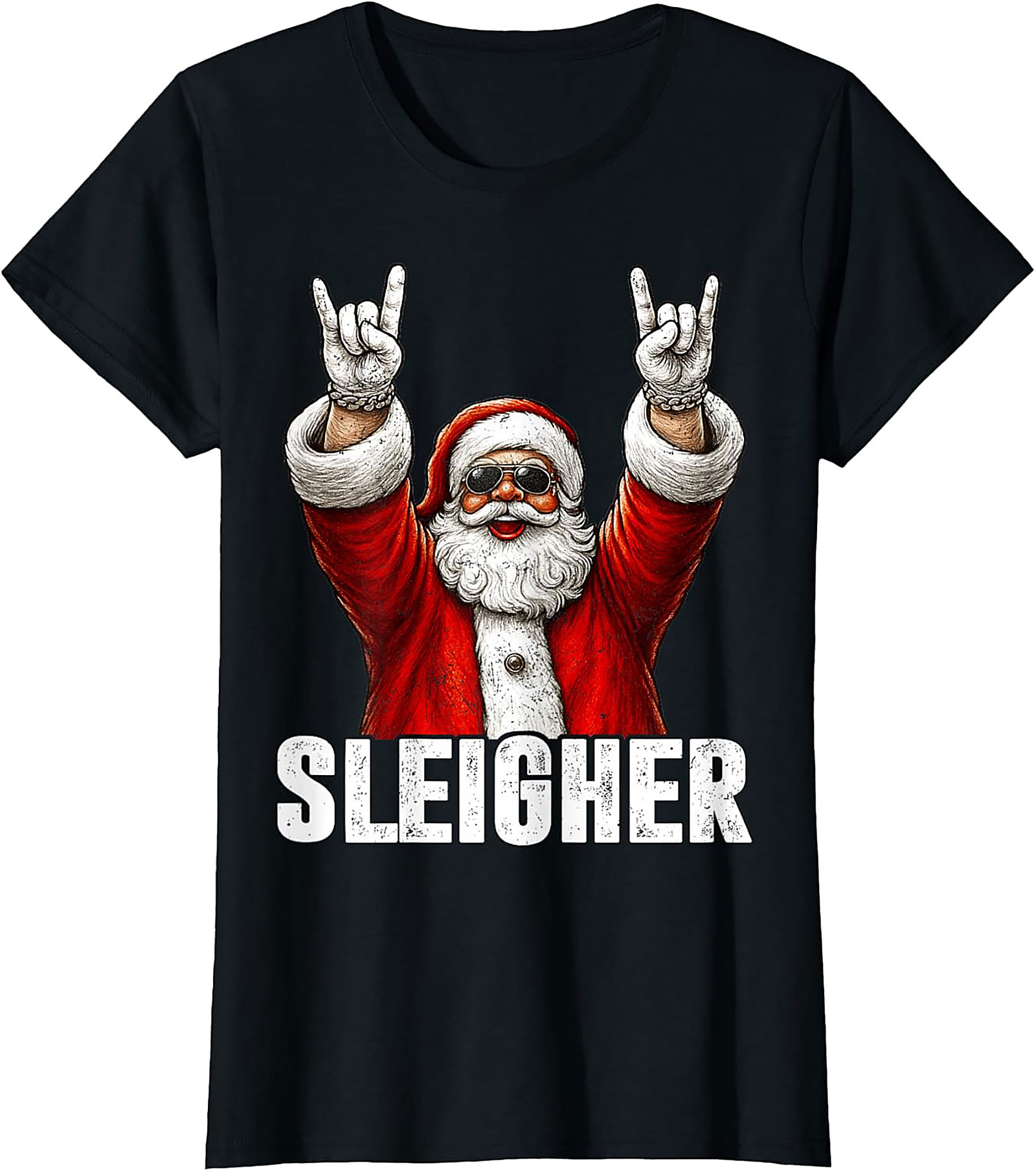 Sleigher Christmas Graphic Tee Funny Santa Metal Shirt