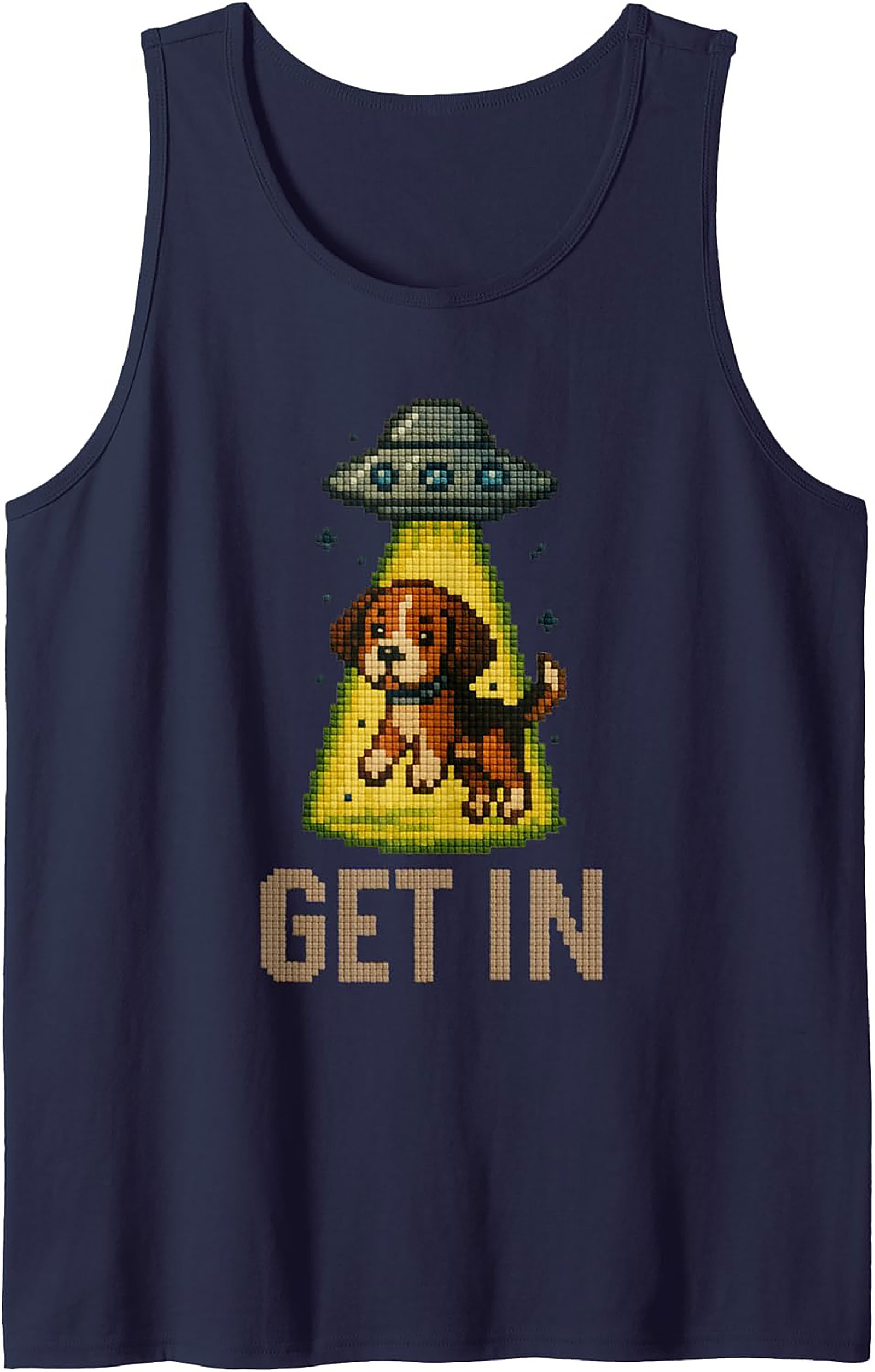 Funny Pixel Beagle UFO Graphic Tank Top | "GET IN" Unisex Sleeveless Shirt