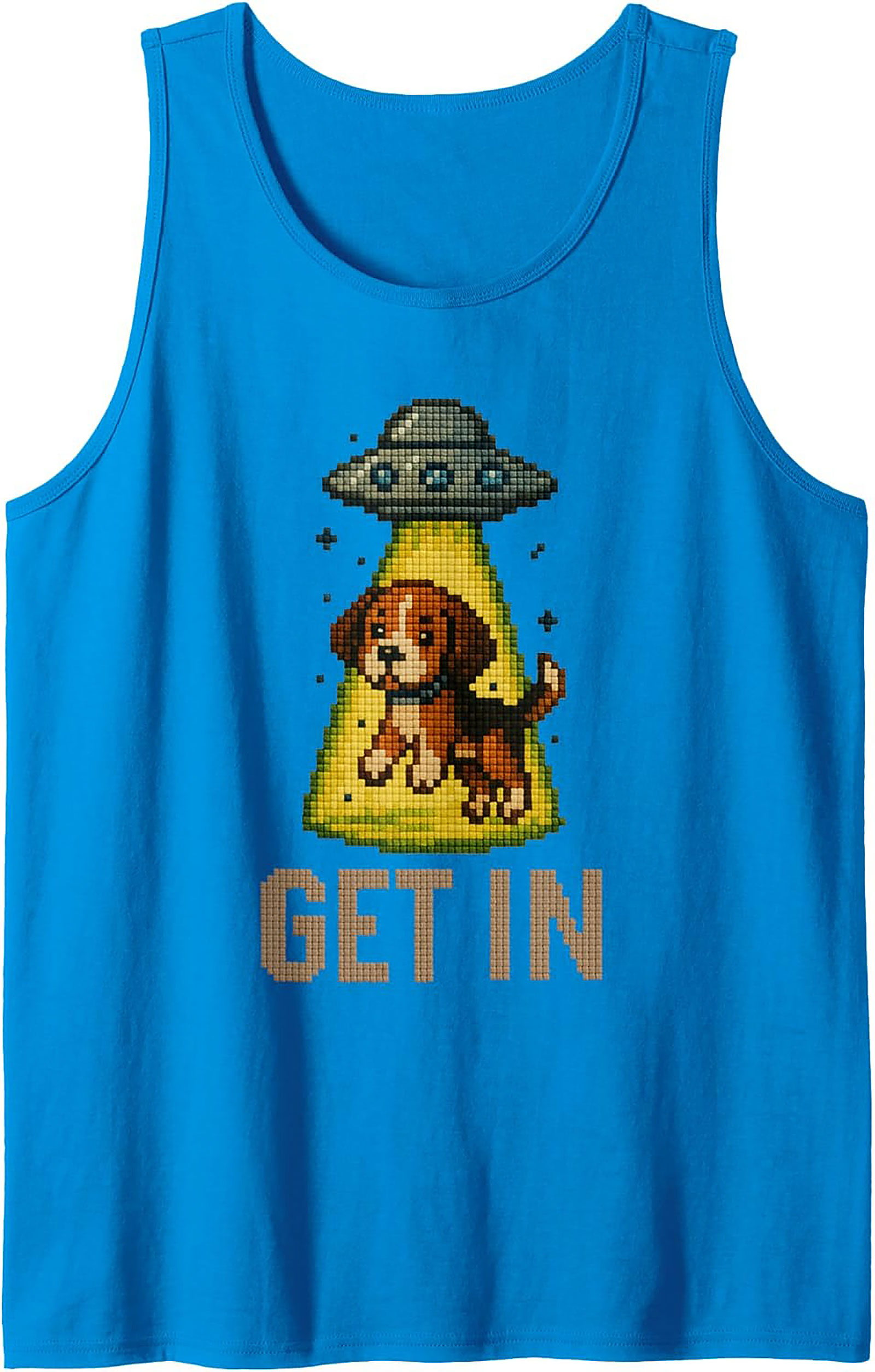 Funny Pixel Beagle UFO Graphic Tank Top | "GET IN" Unisex Sleeveless Shirt