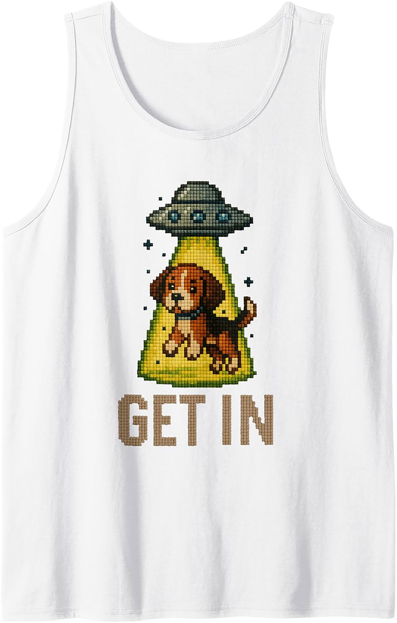 Funny Pixel Beagle UFO Graphic Tank Top | "GET IN" Unisex Sleeveless Shirt