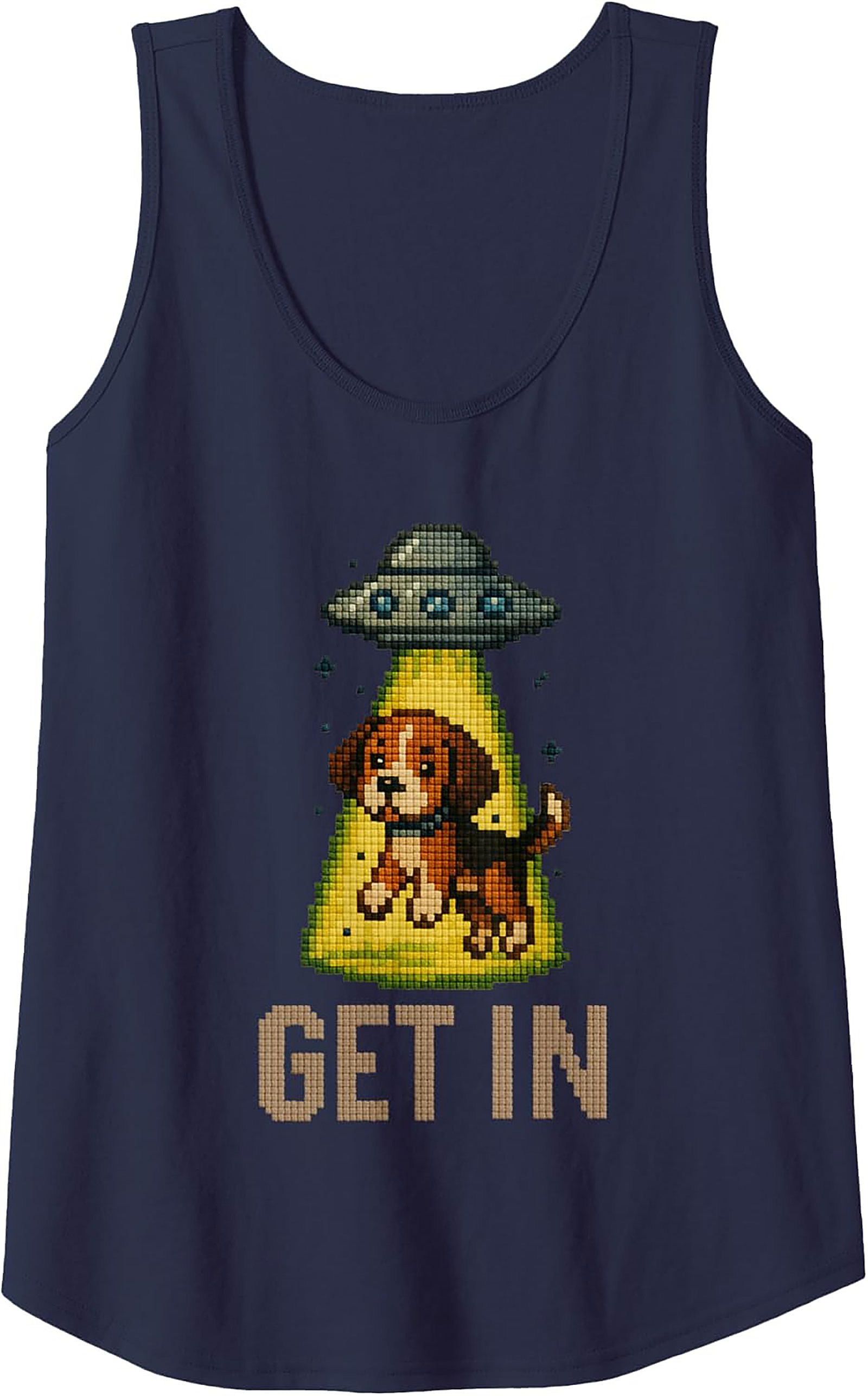 Funny Pixel Beagle UFO Graphic Tank Top | "GET IN" Unisex Sleeveless Shirt