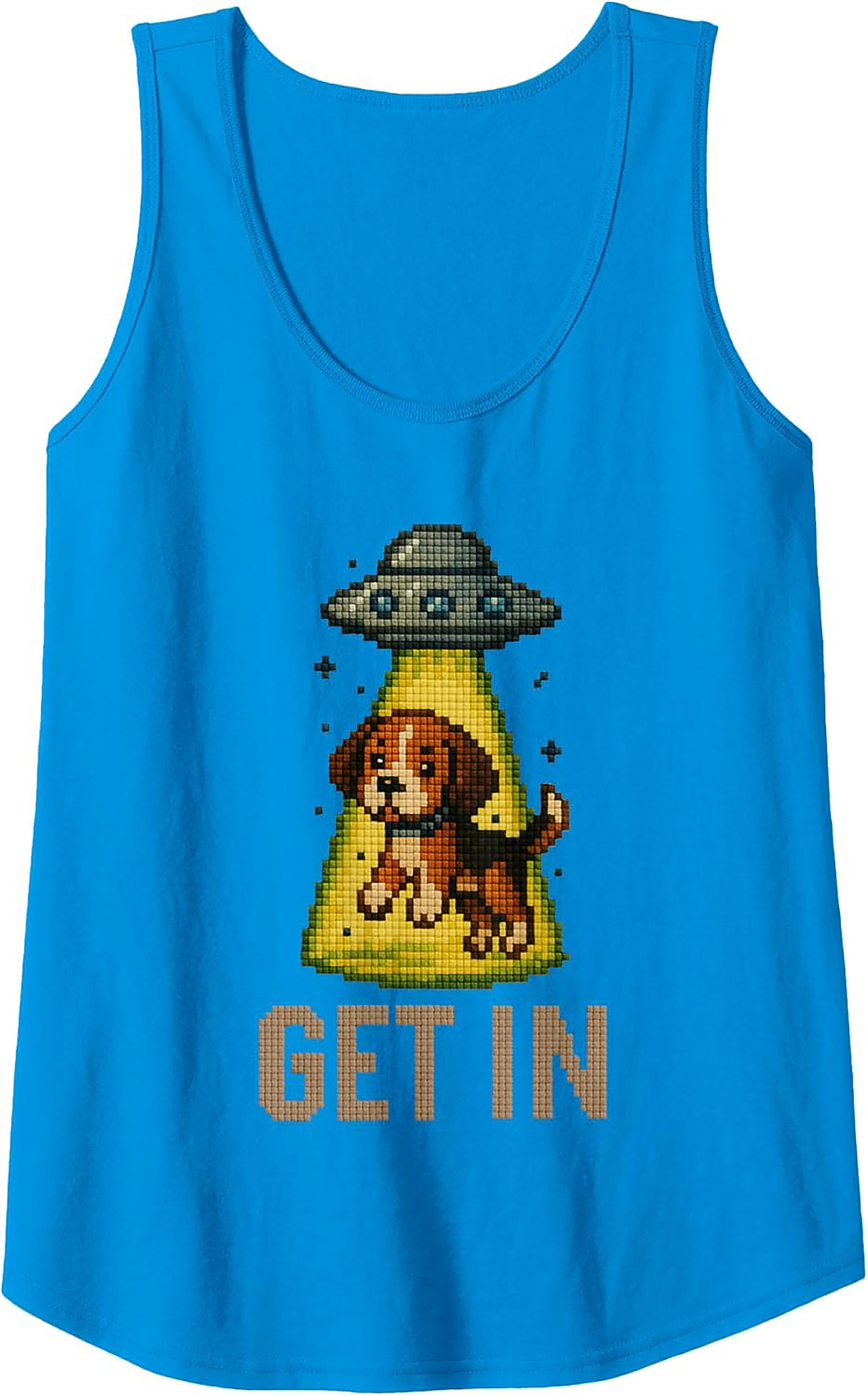 Funny Pixel Beagle UFO Graphic Tank Top | "GET IN" Unisex Sleeveless Shirt