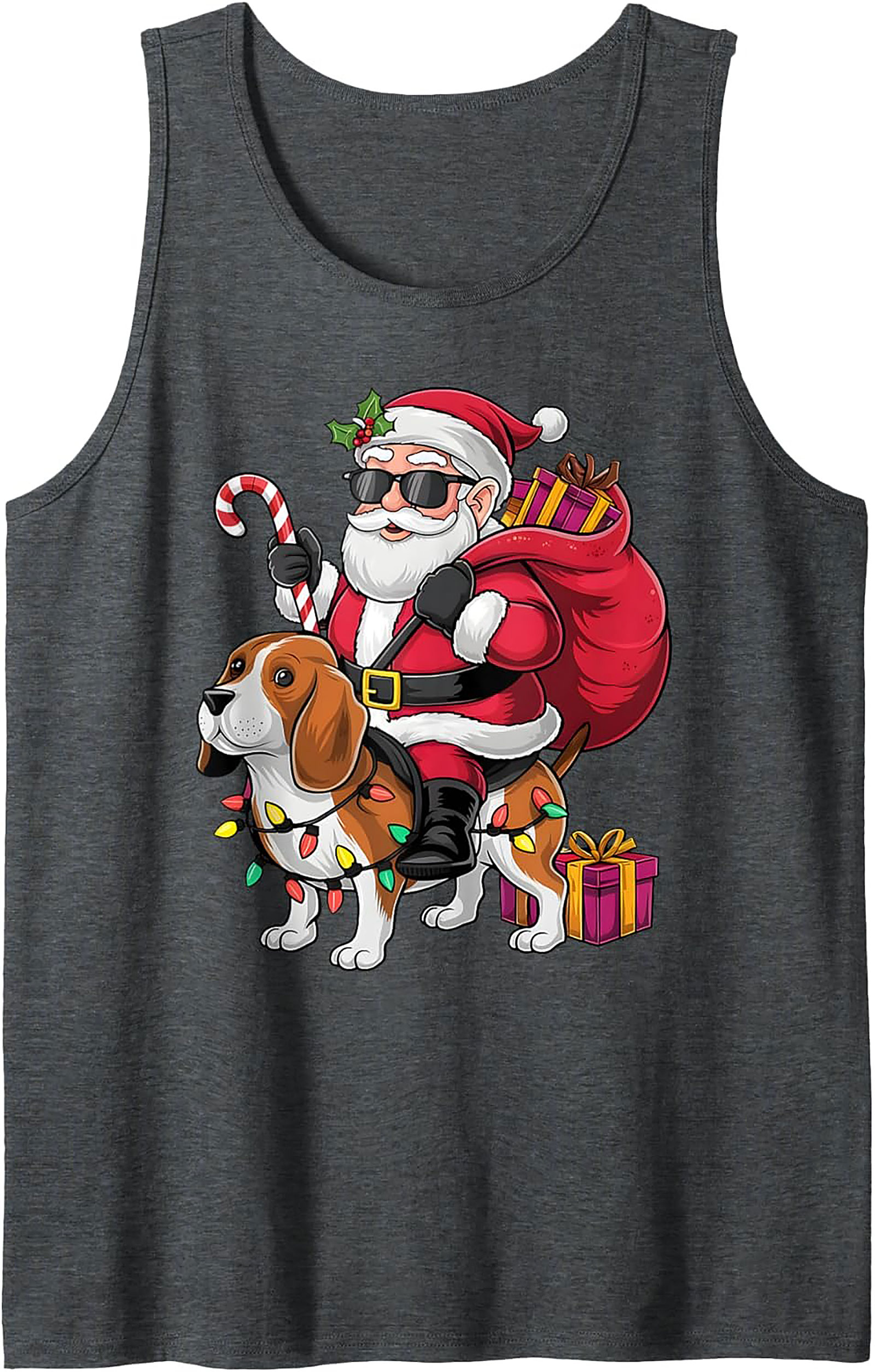 Cool Beagle Santa Riding Dog Graphic Tank Top - Christmas in July Sleeveless Shirt